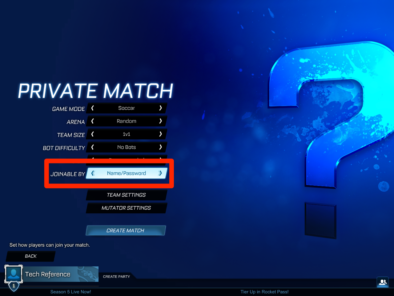 The settings to create a private match in Rocket League. The "Joinable By" settings are highlighted.