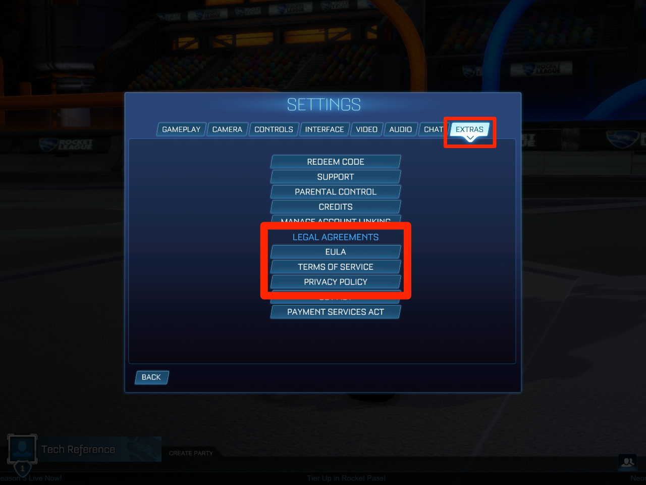 The Settings menu in Rocket League. The "Extras" page is opened, and the three legal documents that players need to agree to are highlighted.