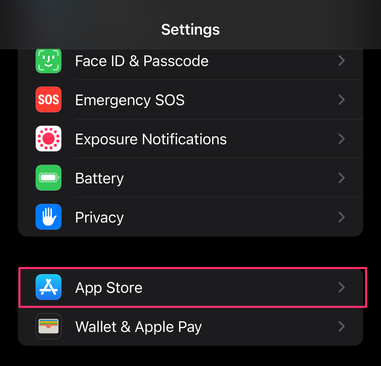 In the Settings app, scroll down and select the App Store option.