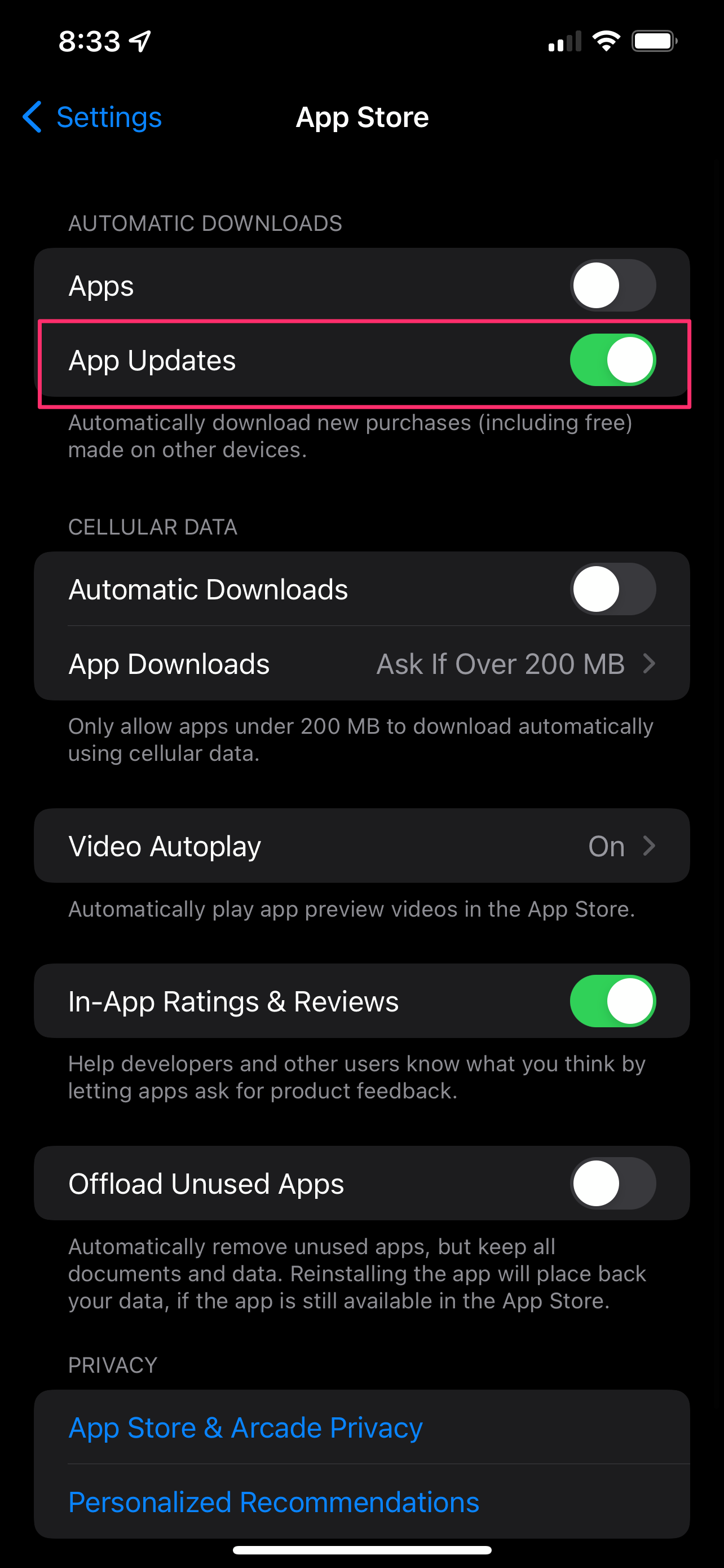 In the Automatic Downloads section of the App Store settings screen, turn off the App Updates toggle.