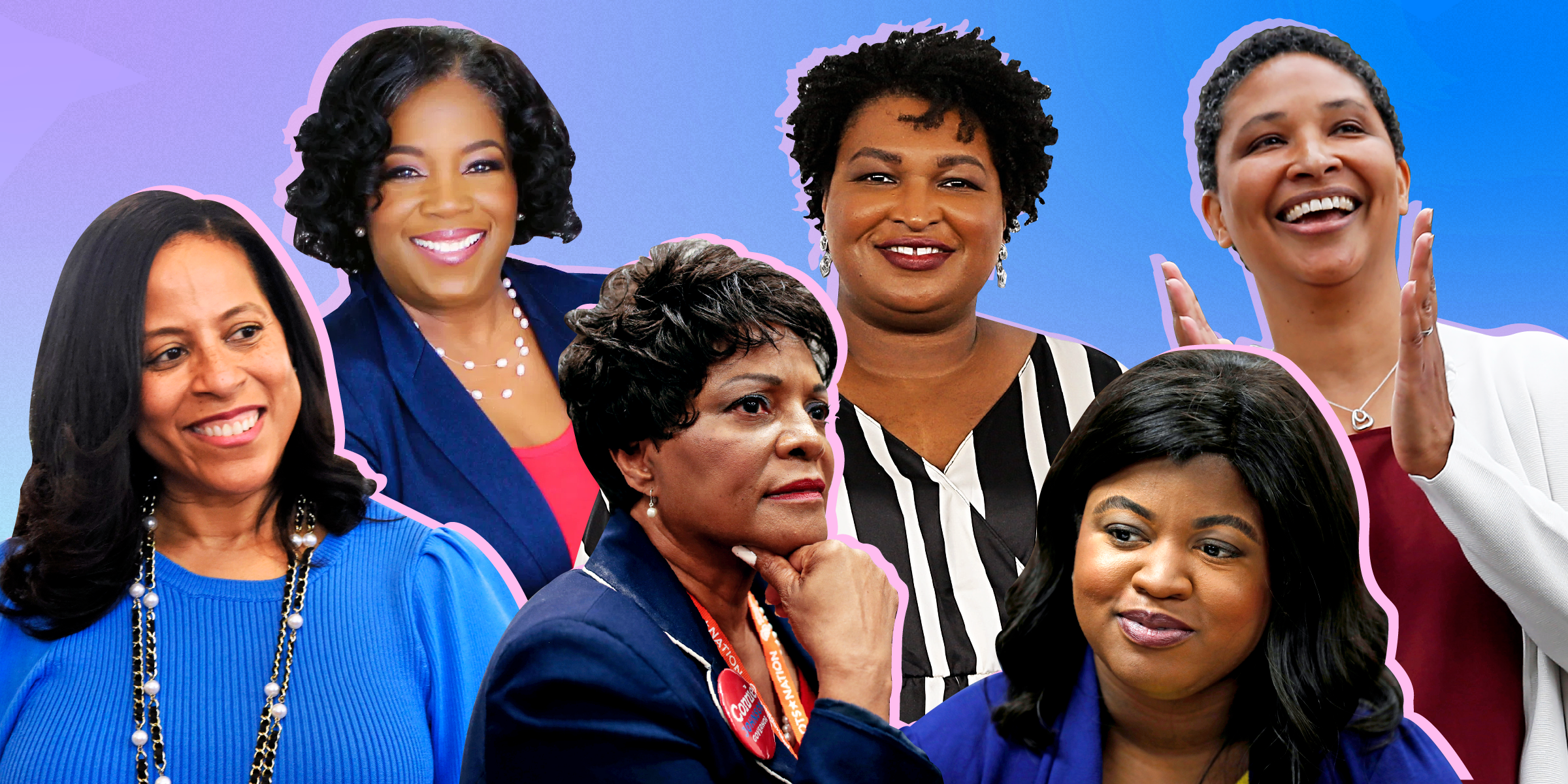 Headshots of Mia McLeod, Deirdre Gilbert, Connie Johnson, Stacey Abrams, Deidre DeJear, and Danielle Allen against a blue and purple background