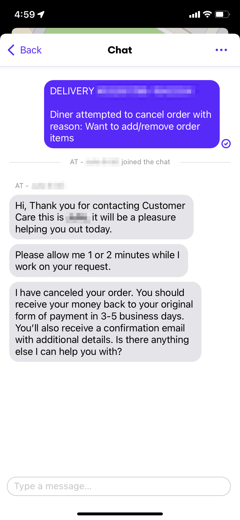 A chat window with a member of Grubhub's customer service team, who helps the user cancel an order.