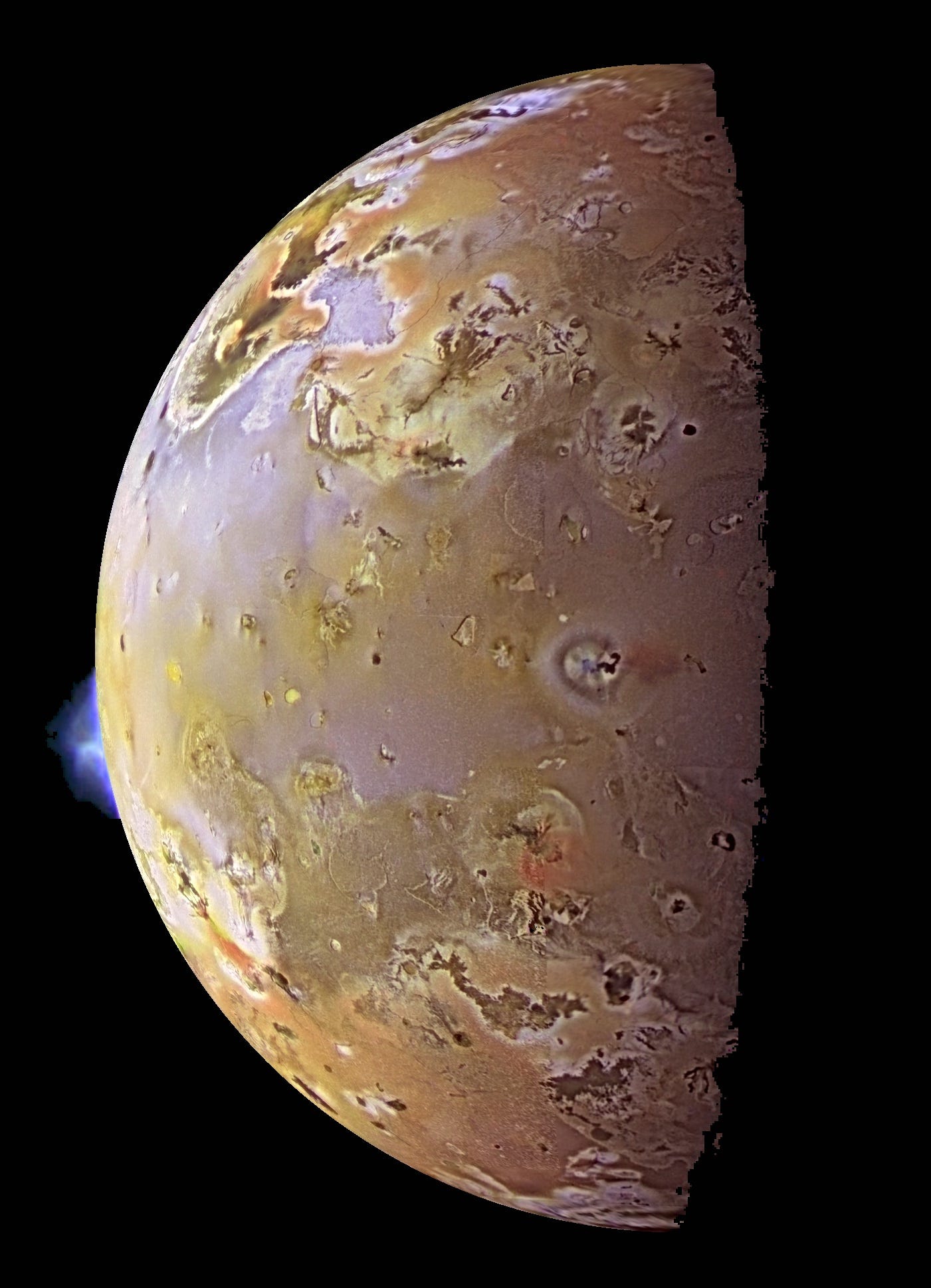 io moon of jupiter with swirling colors from lava flows and an erupting volcano on the horizon