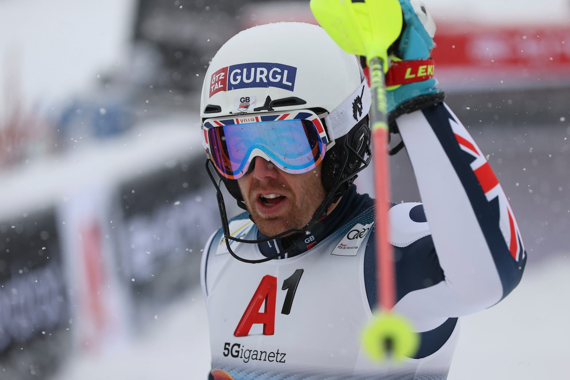 Dave Ryding of Great Britain celebrates after the second run during the Audi FIS alpine ski world cup men's slalom