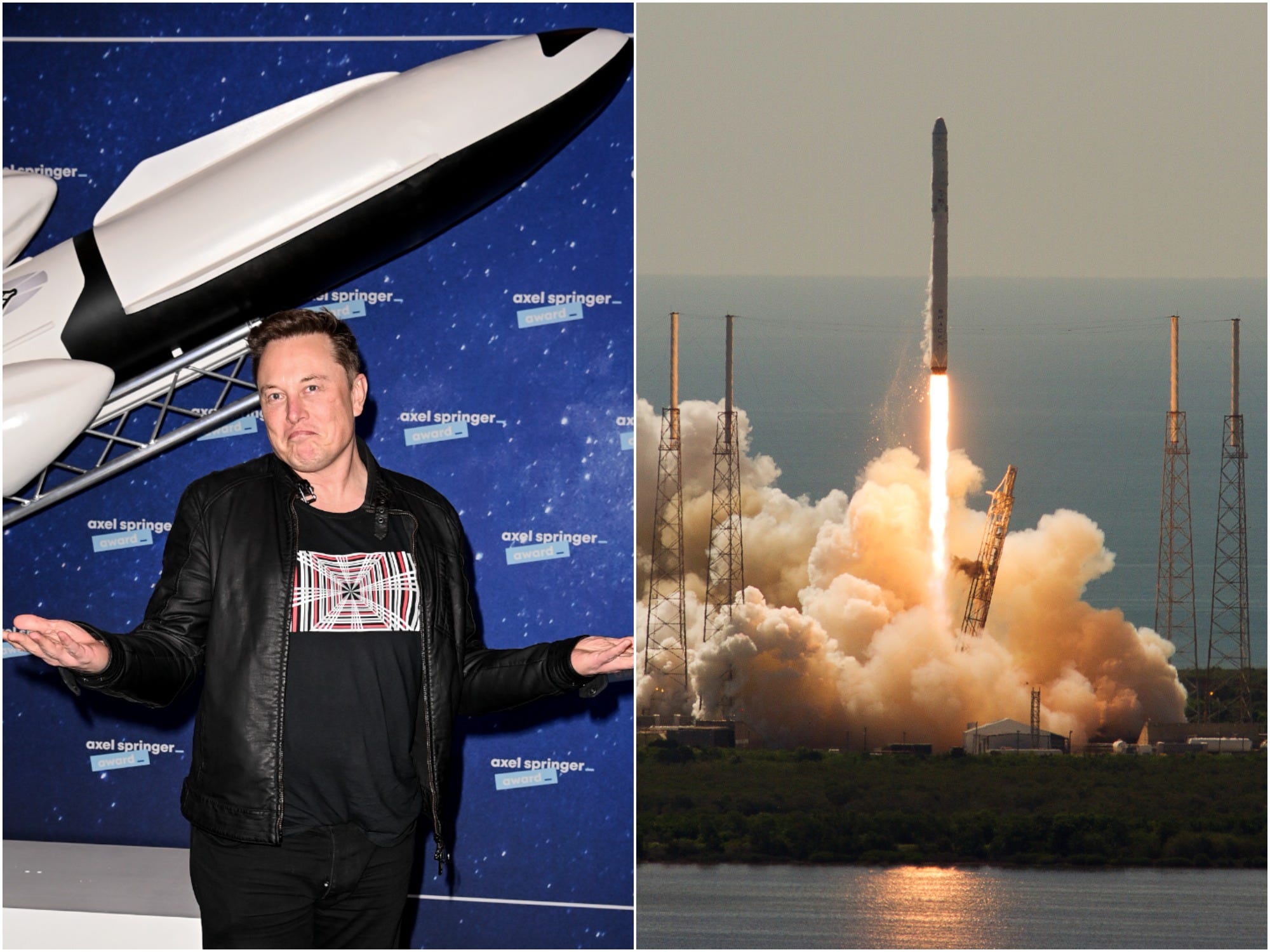 SpaceX CEO Elon Musk next to a picture of a Falcon 9 launch