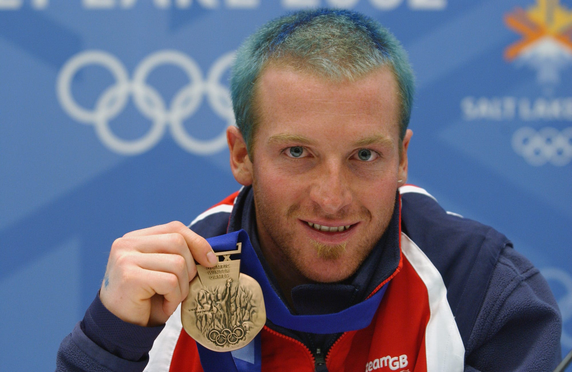 Alain Baxter of Great Britain in happy mood during his press conference today in the Main Media Center after winning the bronze medal in the Men's Slalom event at the Main Media Center on February 24, 2002 during the Salt Lake Winter Olympics in Salt Lake City, Utah