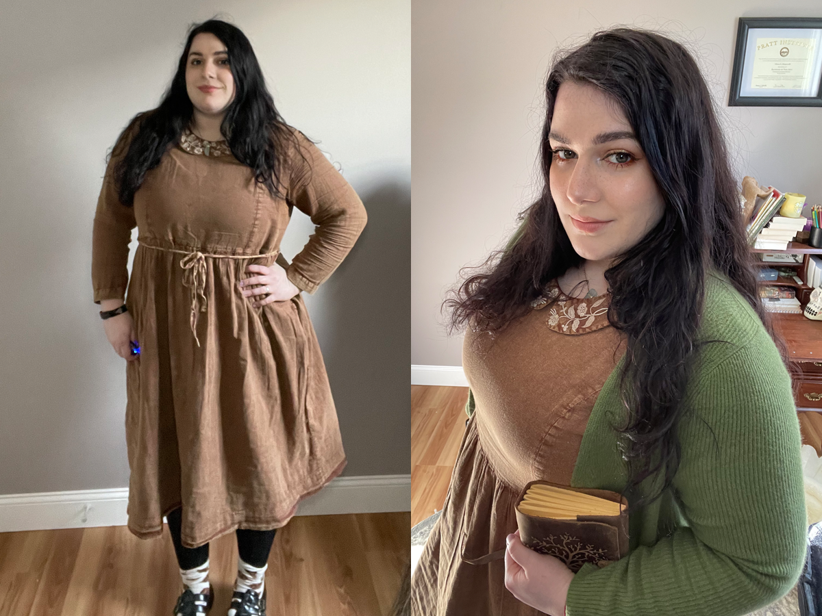 The writer wears brown dress and green cardigan