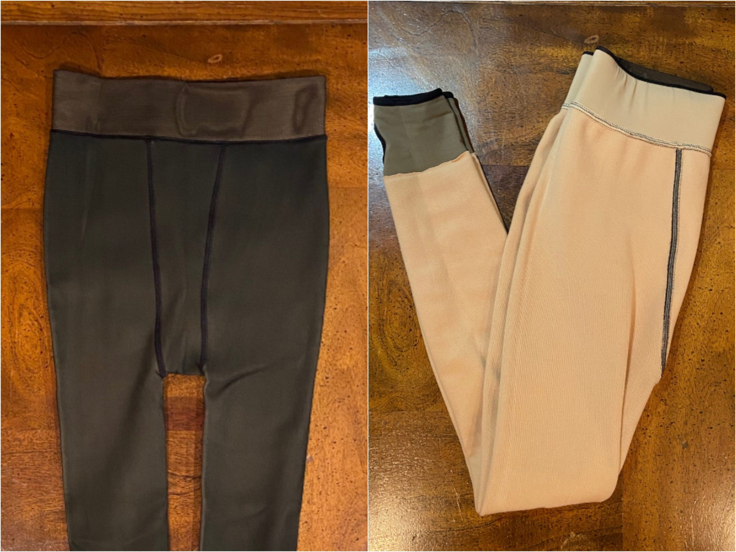 Side by side of black, shiny, and sheer looking tights and of the inside with camel color fleece-like material.