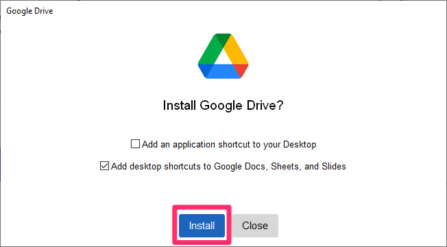 A screenshot of the Windows installer that runs when you click on GoogleDriveSetup.exe.