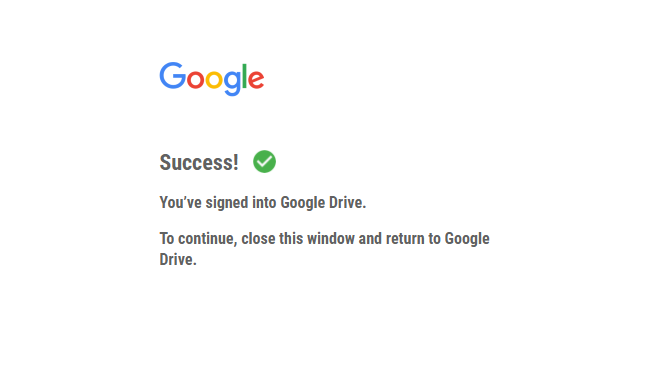 The Google Drive login success screen.