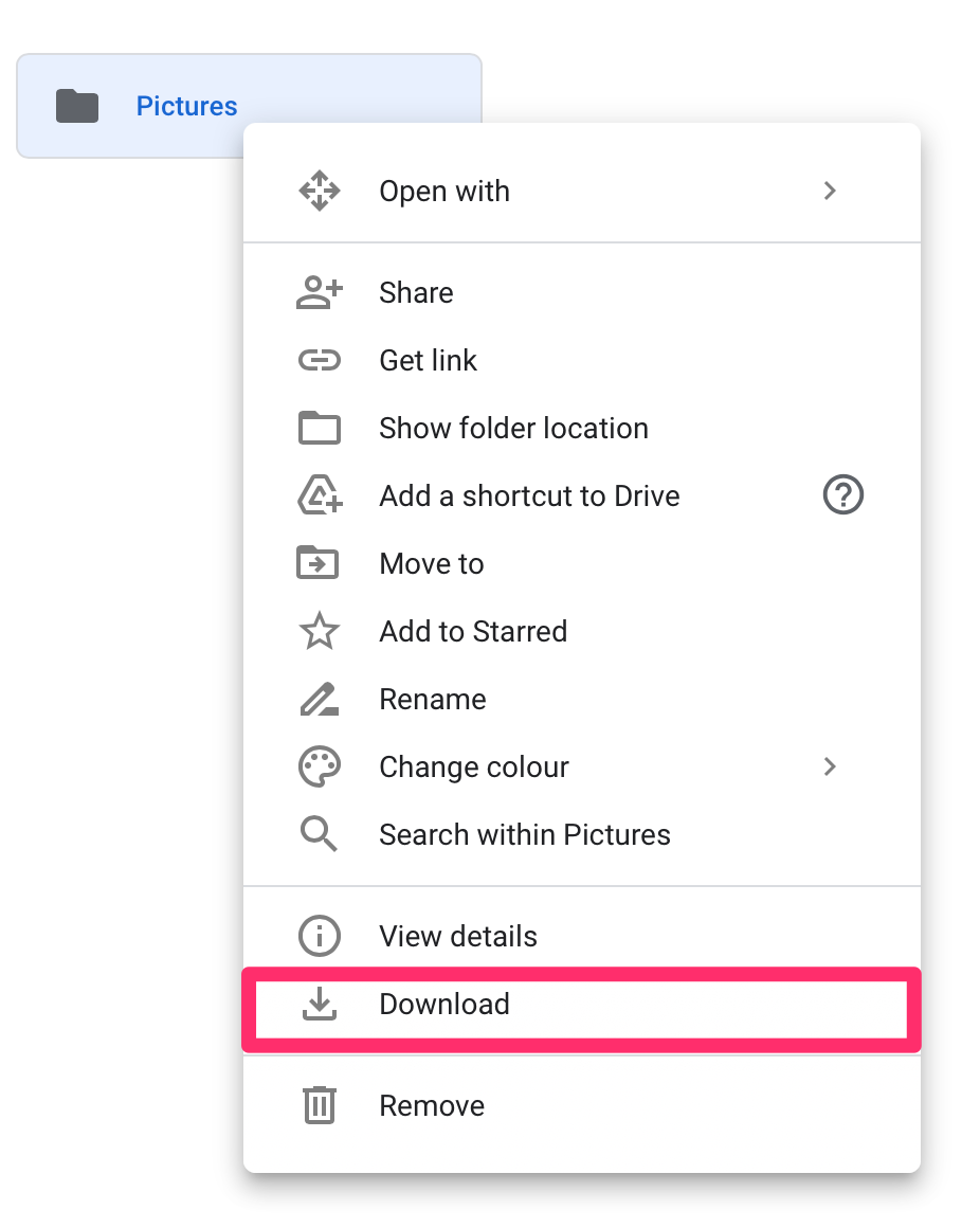 A Google Drive dropdown menu with the Download option highlighted.