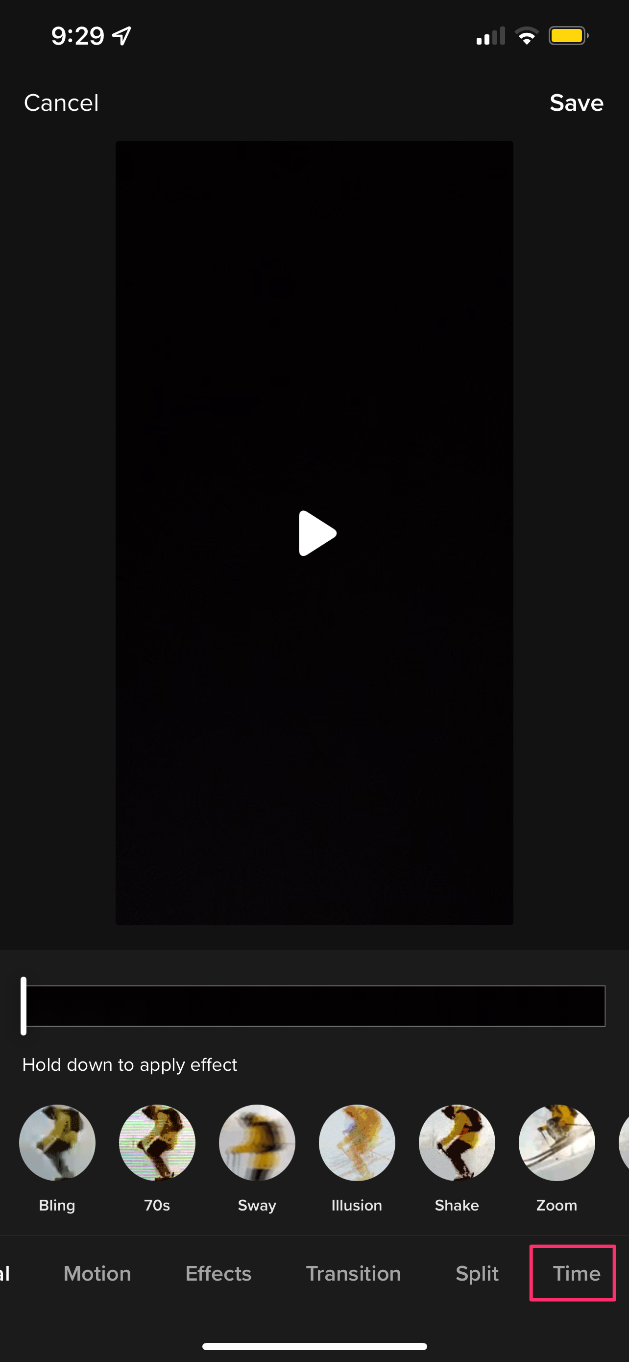 The TikTok Effects menu with the Time option highlighted.