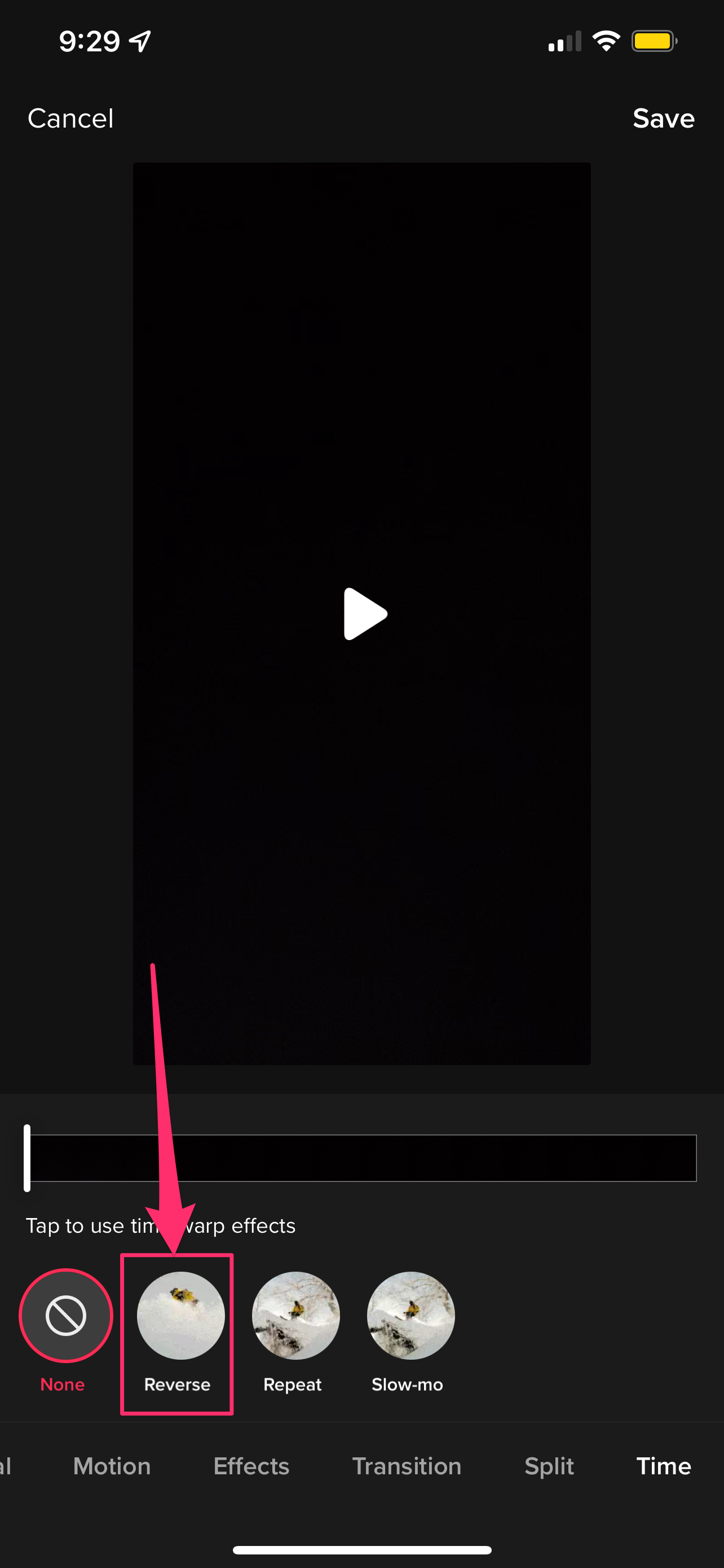 The TikTok Time menu with the Reverse option highlighted.