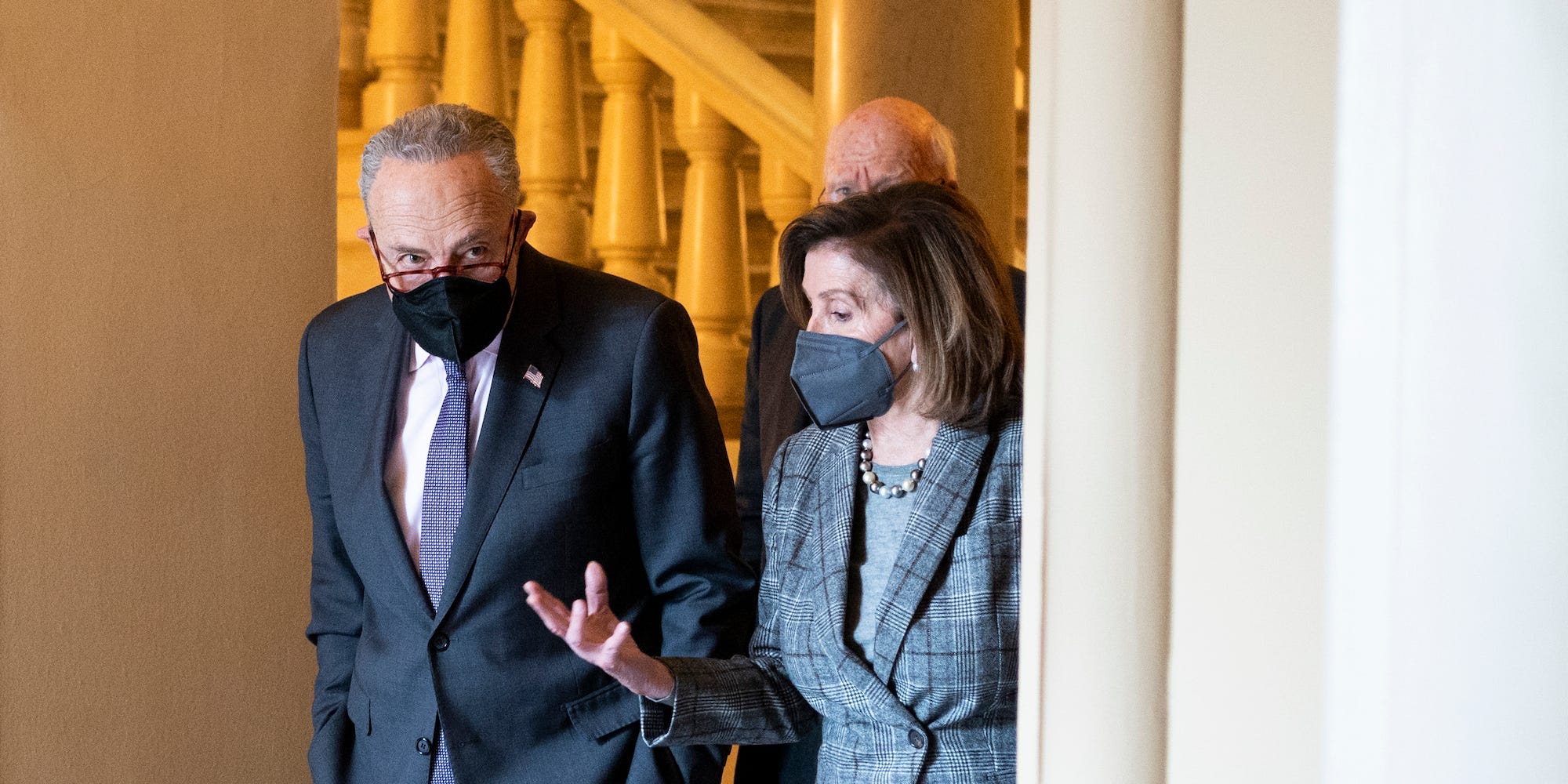 Senate Majority Leader Chuck Schumer of New York and House Speaker Nancy Pelosi of California at the US Capitol on February 1, 2022.