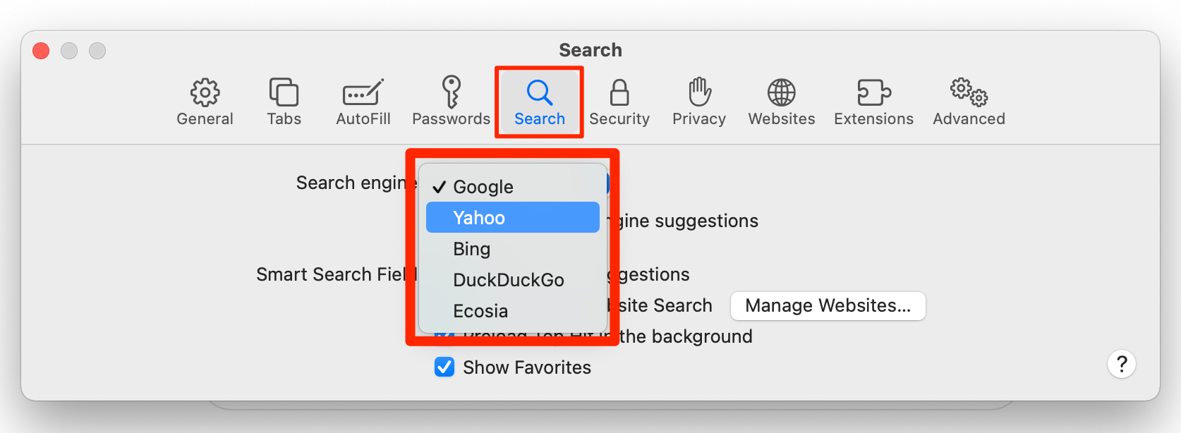 Safari's Search settings menu.