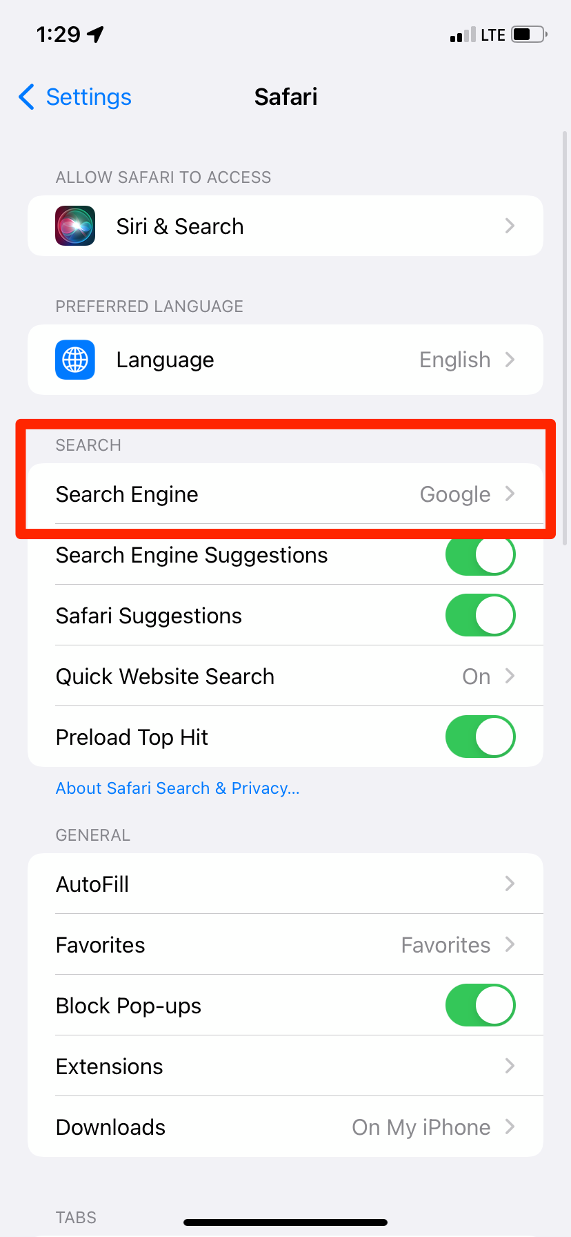 The Safari settings page in an iPhone's Settings app.