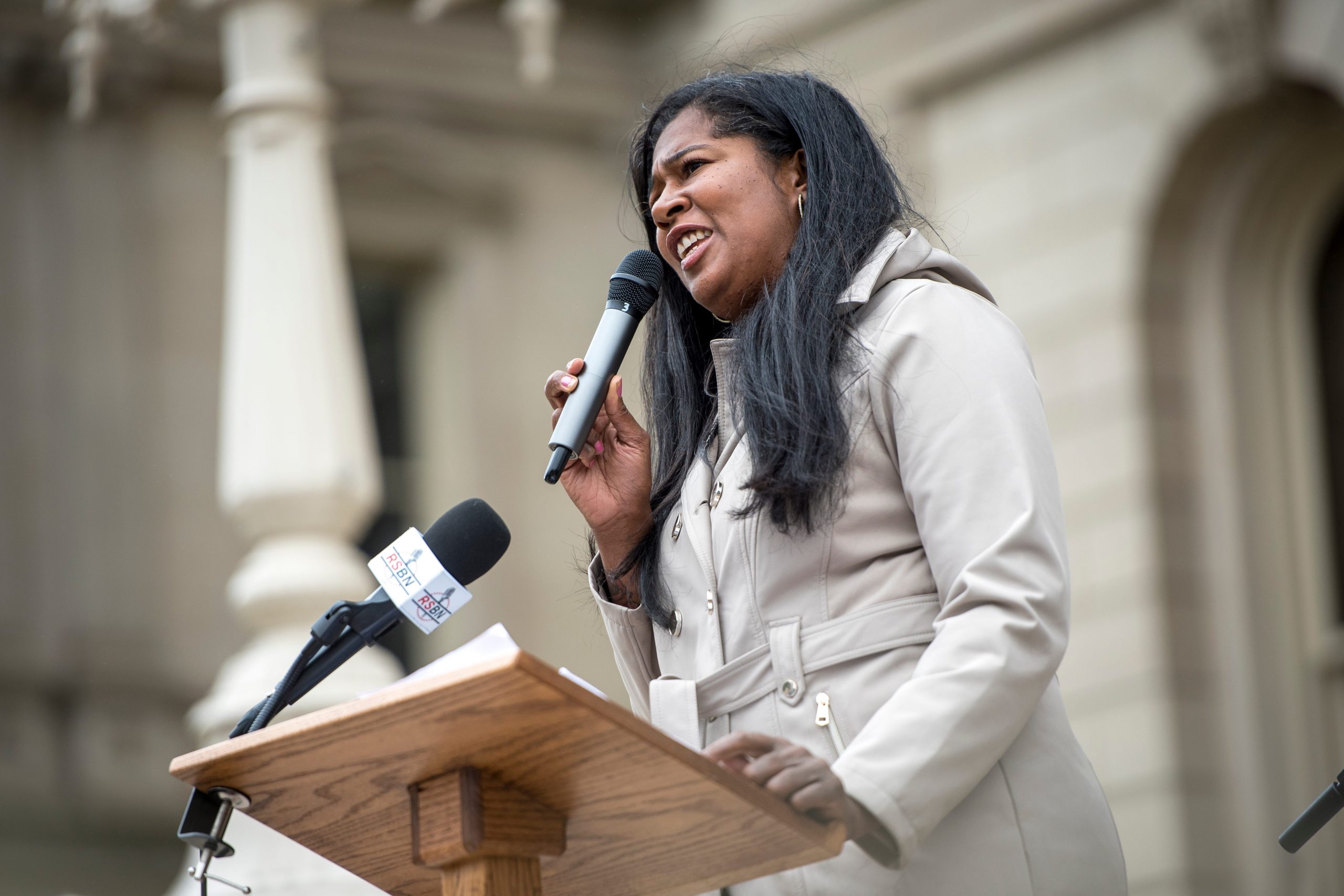 Michigan Secretary of State candidate Kristina Karamo speaks at the Michigan State Capitol as demonstrators gathered to demand a forensic audit of the 2020 presidential election on October 12, 2021.