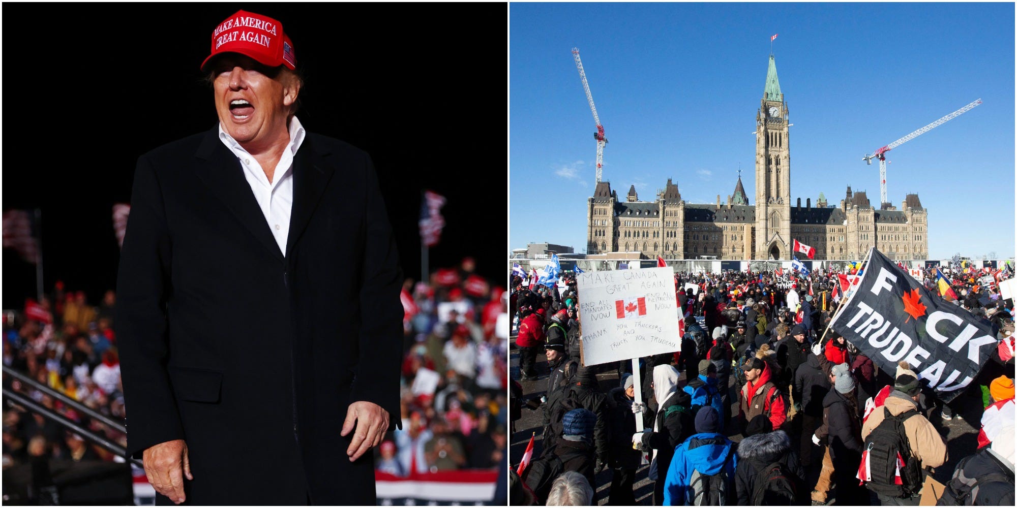 A photo of Donald Trump at a rally in Arizona next to a photo of the Freedom Convoy protests.