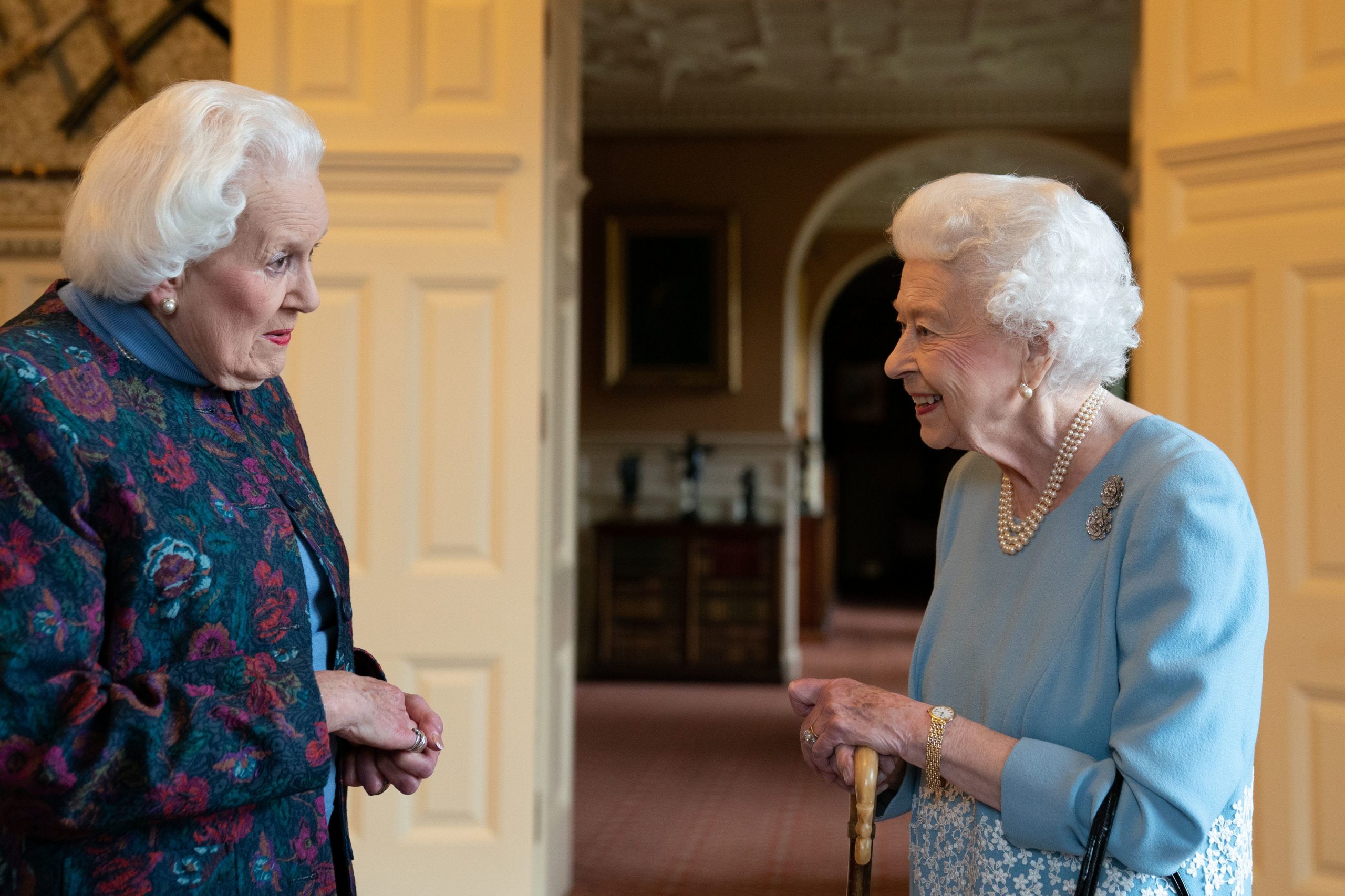 Queen Elizabeth and Angela Wood talking at Sandringham House