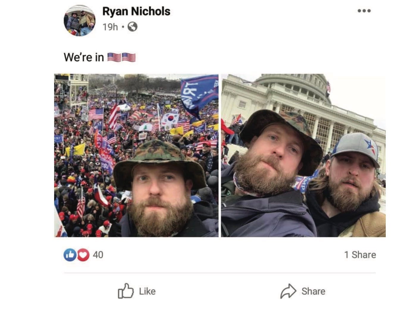 Ryan Nichols in a now deleted Facebook post from the Capitol riot on January 6, 2021.