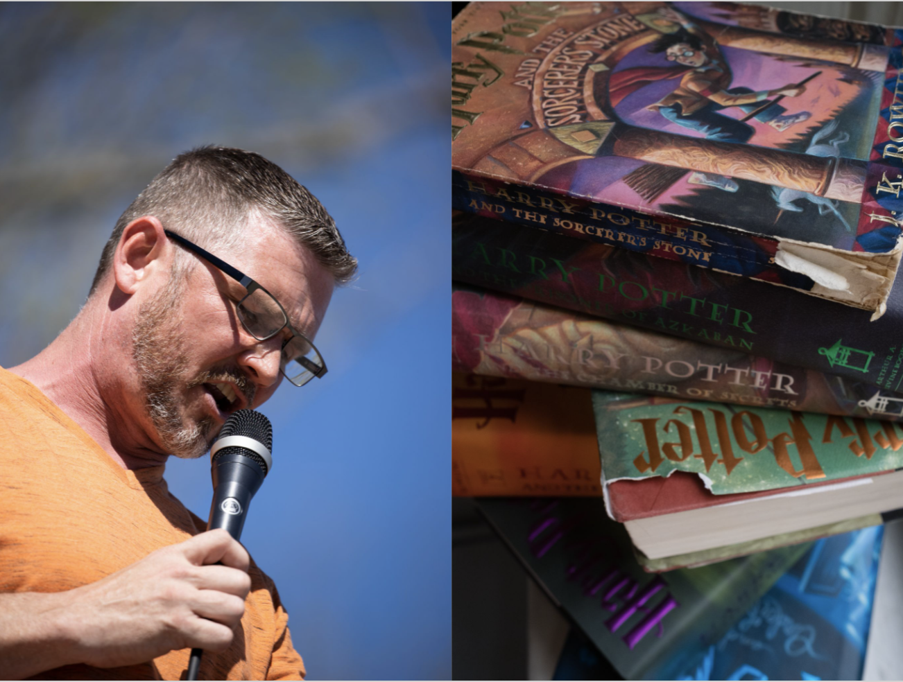 Left: A man standing against a blue sky with a mic in his hand and an orange shirt. Right: A stack of used Harry Potter books.