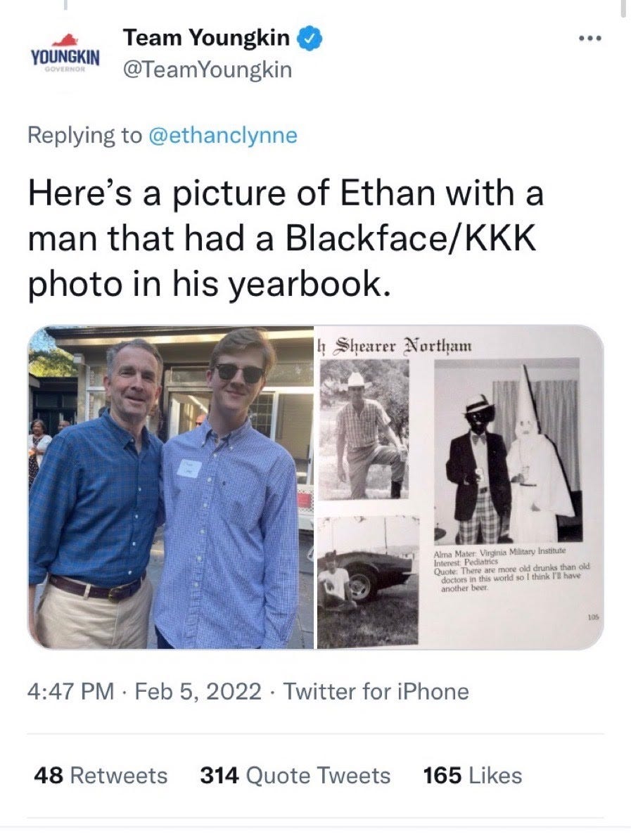 Now-deleted tweet sent by Team Youngkin that says: "Here's a picture of Ethan with a man that had a Blackface/KKK photo in his yearbook."