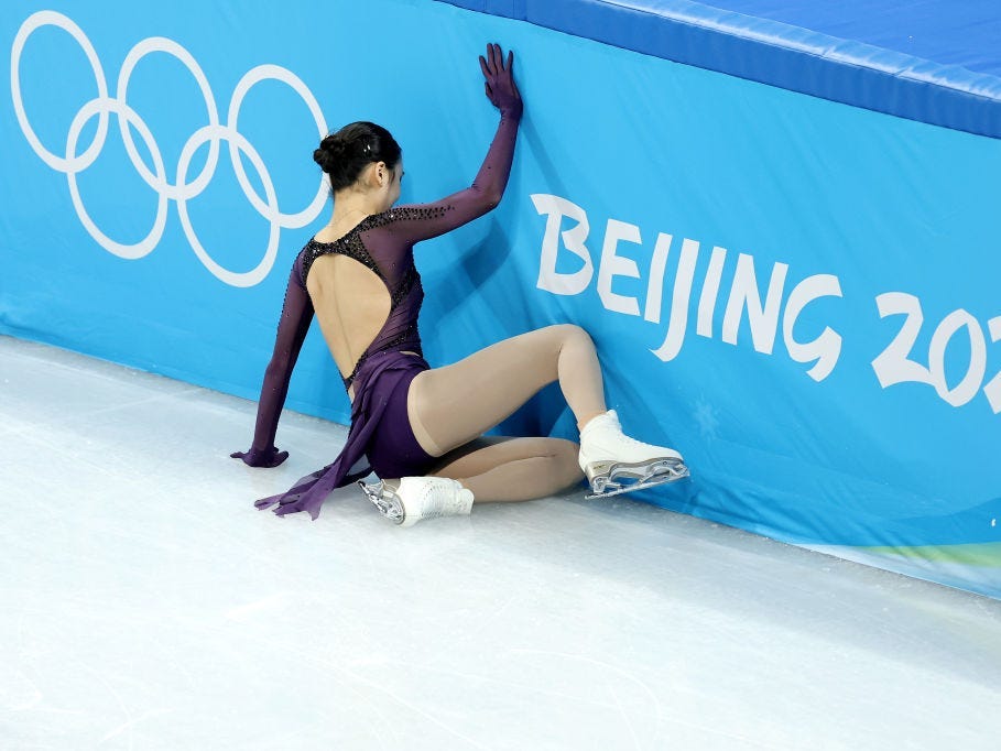 Zhu Yi of Team China falls during the Women Single Skating Short Program Team Event on day two of the Beijing 2022 Winter Olympic Games at Capital Indoor Stadium on February 06, 2022 in Beijing, China.