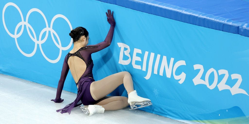 Zhu Yi of Team China falls during the Women Single Skating Short Program Team Event on day two of the Beijing 2022 Winter Olympic Games at Capital Indoor Stadium on February 06, 2022 in Beijing, China.