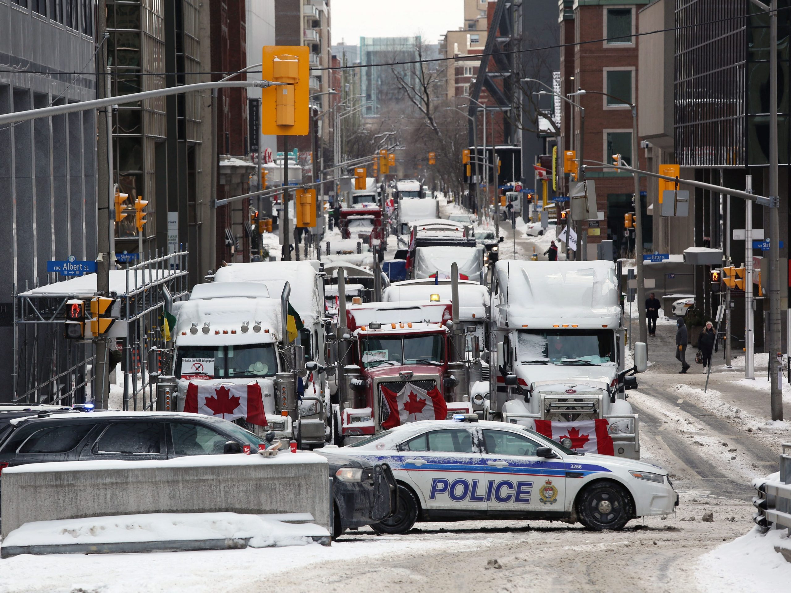 Trucks parked in downtown Ottawa continue to protest Covid-19 vaccine mandates and restrictions, on February 4, 2022 in Ottawa, Canada.