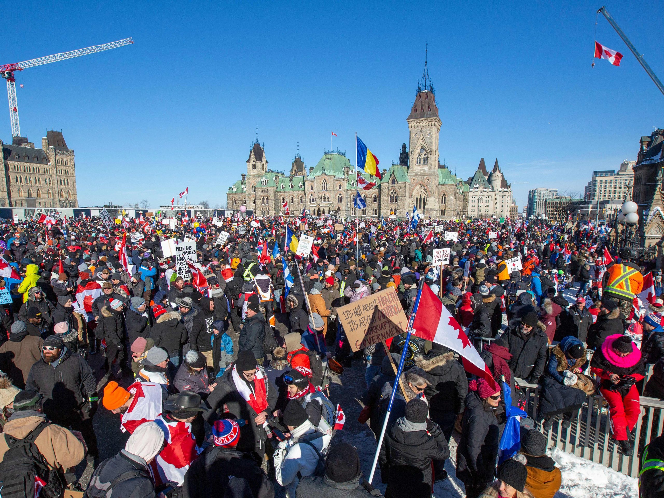 Supporters fill the street at Parliament Hill for the Freedom Truck Convoy to protest against Covid-19 vaccine mandates and restrictions in Ottawa, Canada, on January 29, 2022.