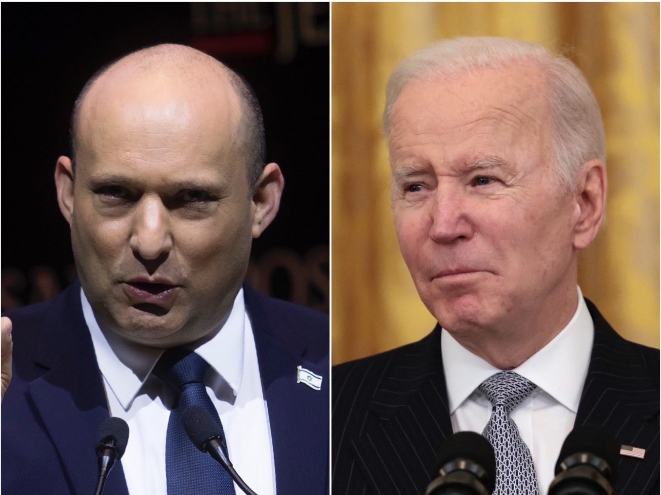 (Left) Israel's Prime Minister Naftali Bennett and (right) US President Joe Biden