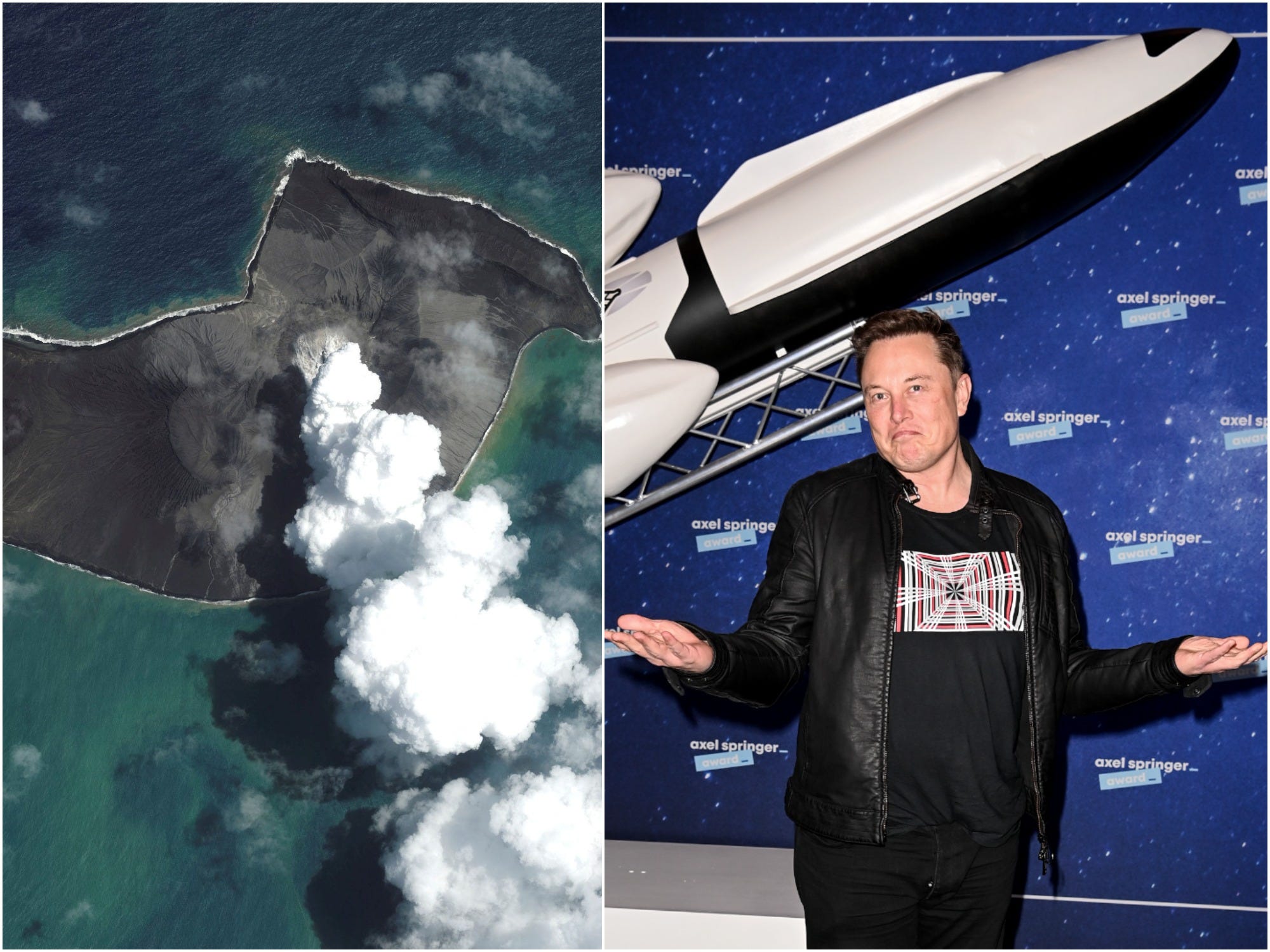 SpaceX CEO Elon Musk next to a picture of a satellite image showing the Hunga Tonga-Hunga Ha'apai volcano before its main eruption