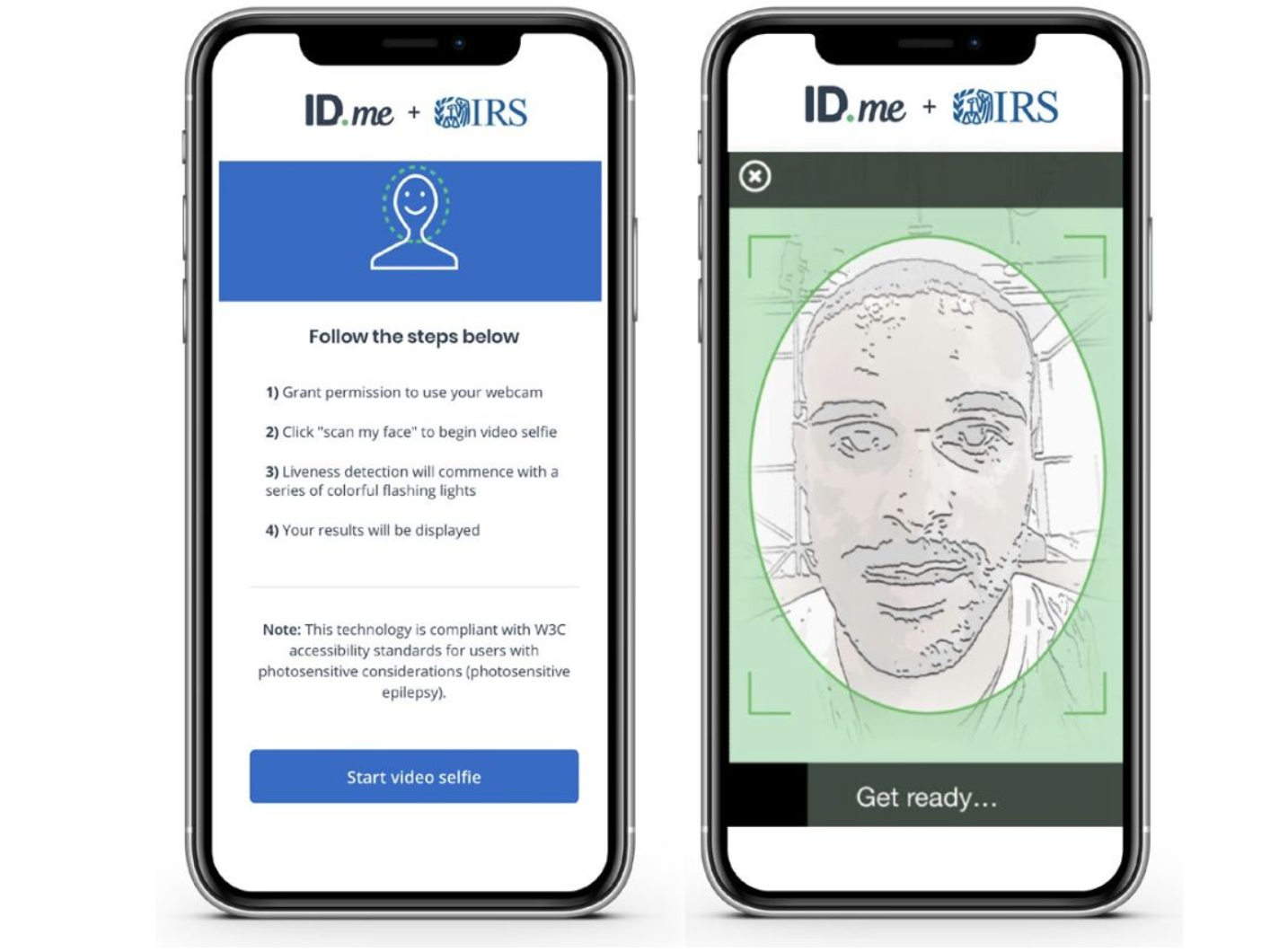 Page 13 of a slide presentation describing how to link your IRS account with ID.me. It shows people how to take a scan of their face.