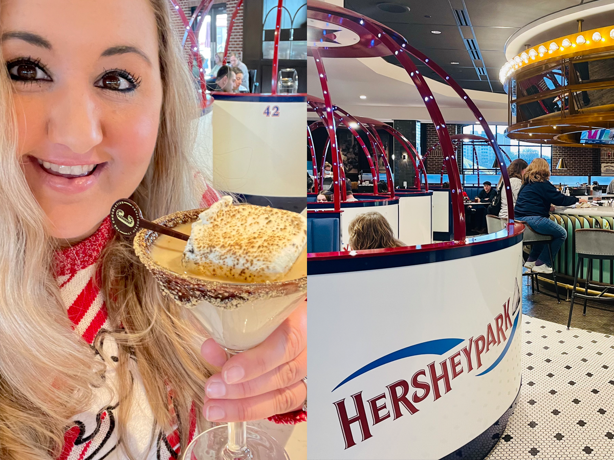 The writer with chocolate martini and Hersheypark restaurant