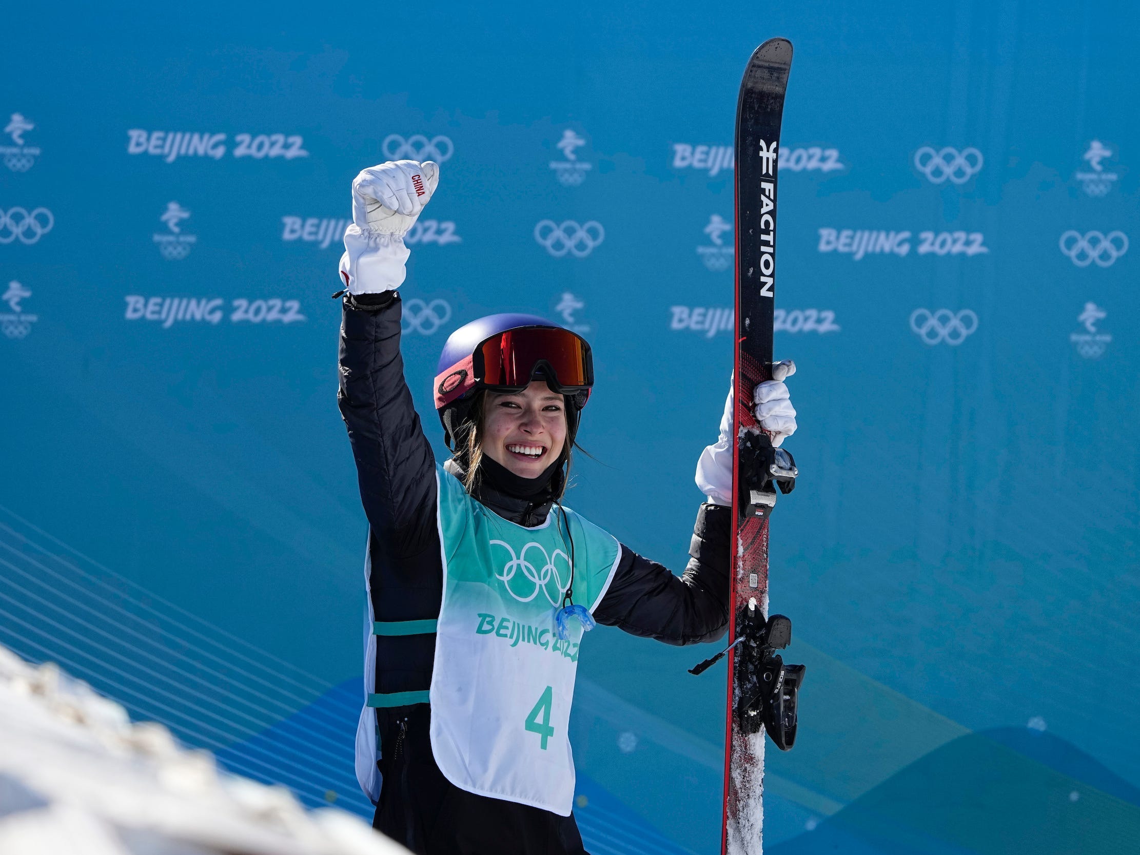 Eileen Gu gestures after her biggest run of the 2022 Beijing Olympics big big air final.