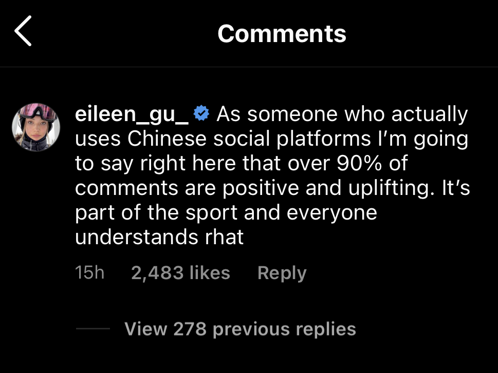 Eileen Gu comments on Instagram