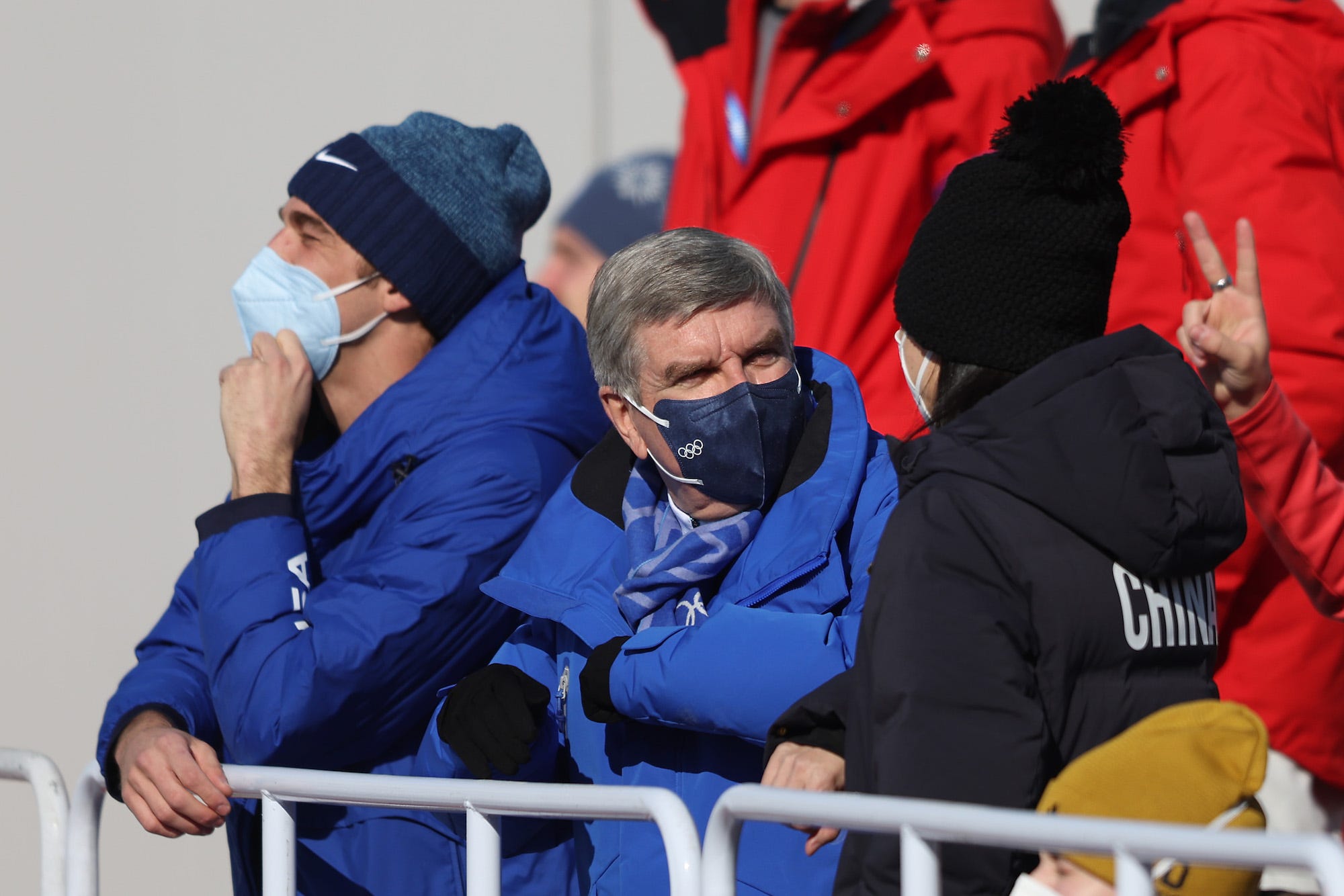 Thomas Bach, IOC President speaks with Peng Shuai prior to the Women's Freestyle Skiing Freeski Big Air Final on Day 4 of the Beijing 2022 Winter Olympic Games at Big Air Shougang