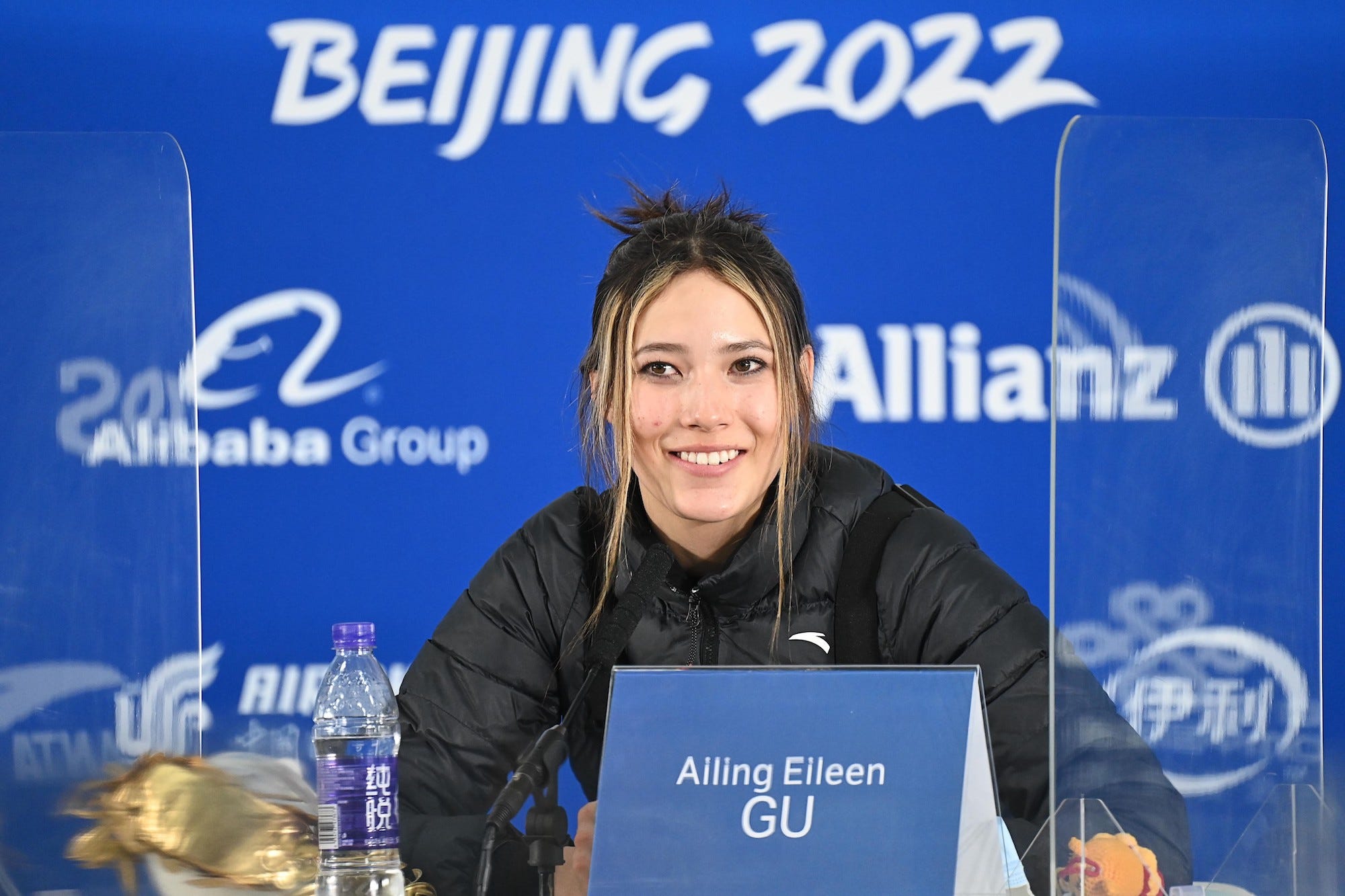 Gu Ailing of China receives interview after women's freeski big air final at Big Air Shougang in Beijing