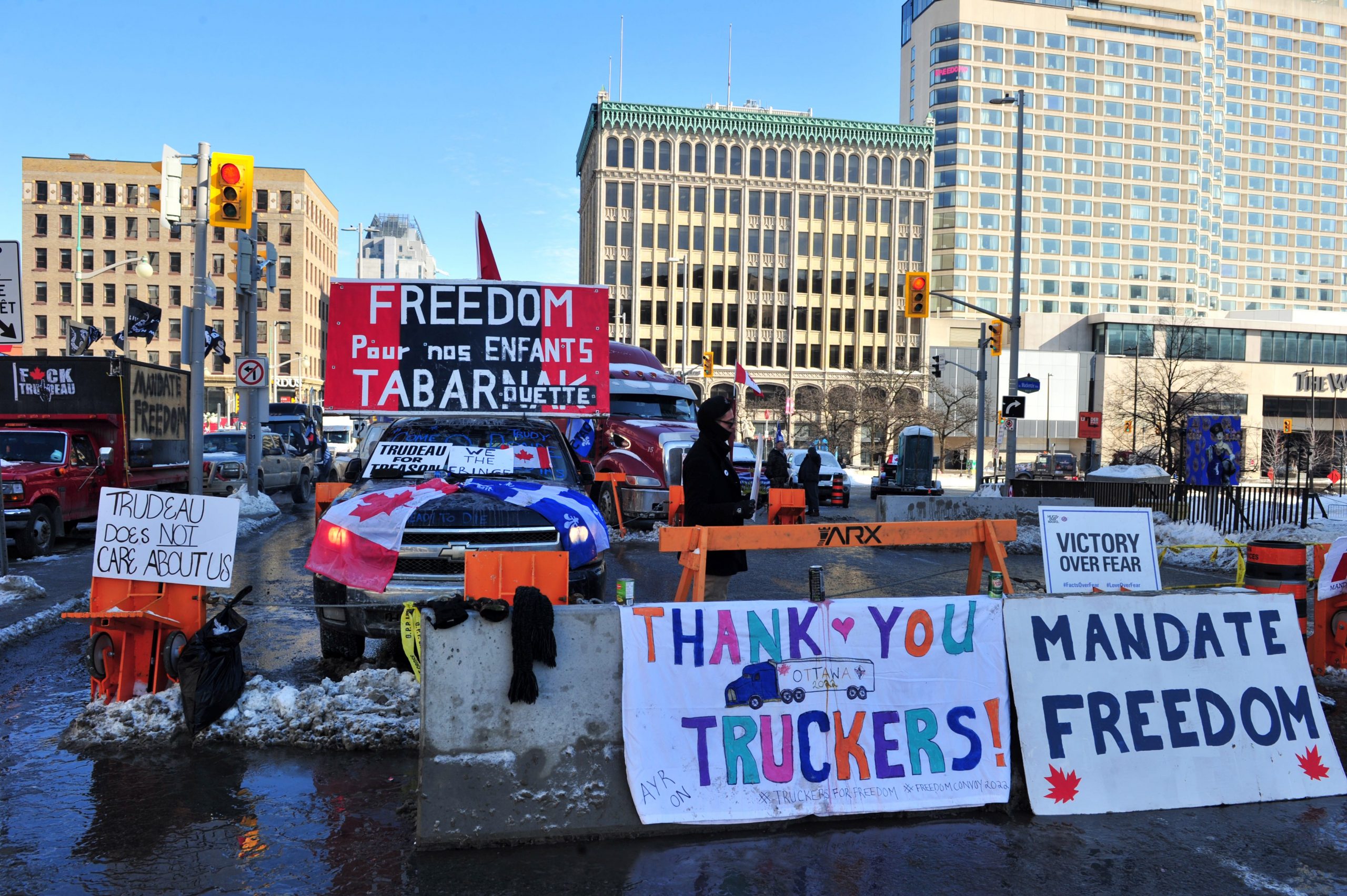 Protesters of the Freedom convoy gather near the parliament hill as truckers continue to protest in Ottawa, Canada on February 7, 2022.