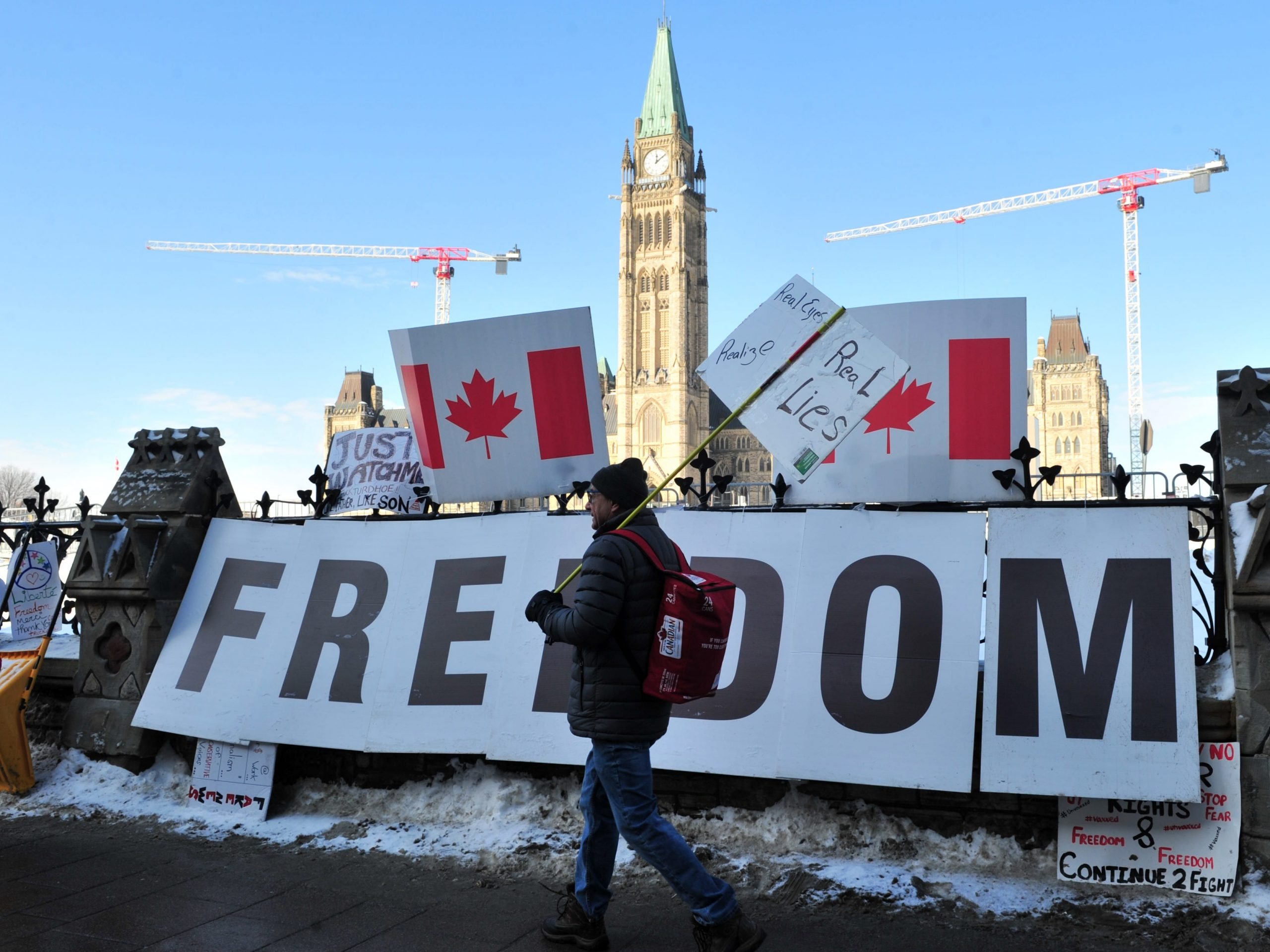 Protesters of the Freedom convoy gather near the parliament hill as truckers continue to protest in Ottawa, Canada on February 7, 2022.