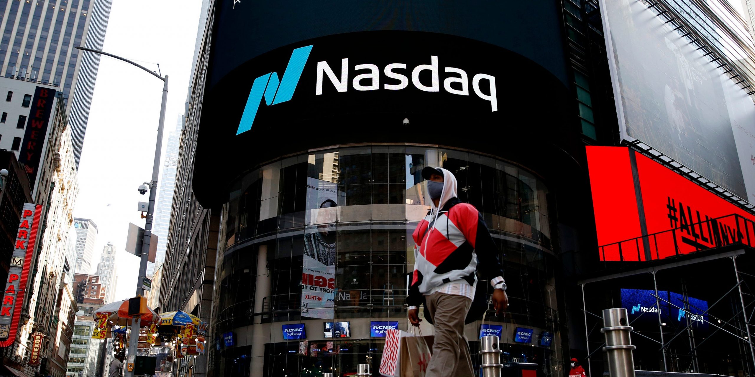 The Nasdaq building at Times Square on March 10, 2021, in New York.