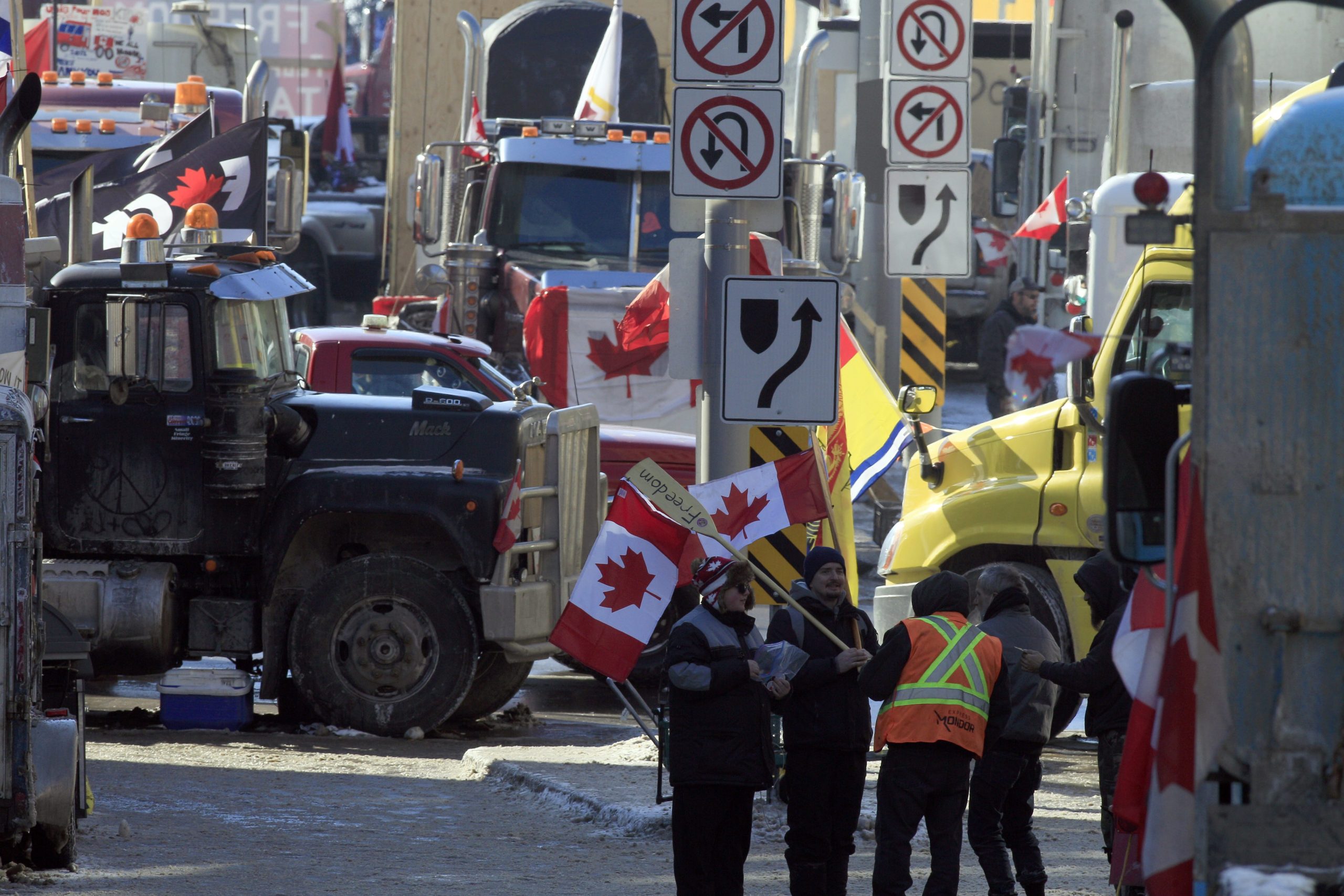 Protesters of the Freedom Convoy gather near the parliament hill as truckers continue to protest in Ottawa, Canada on February 7, 2022