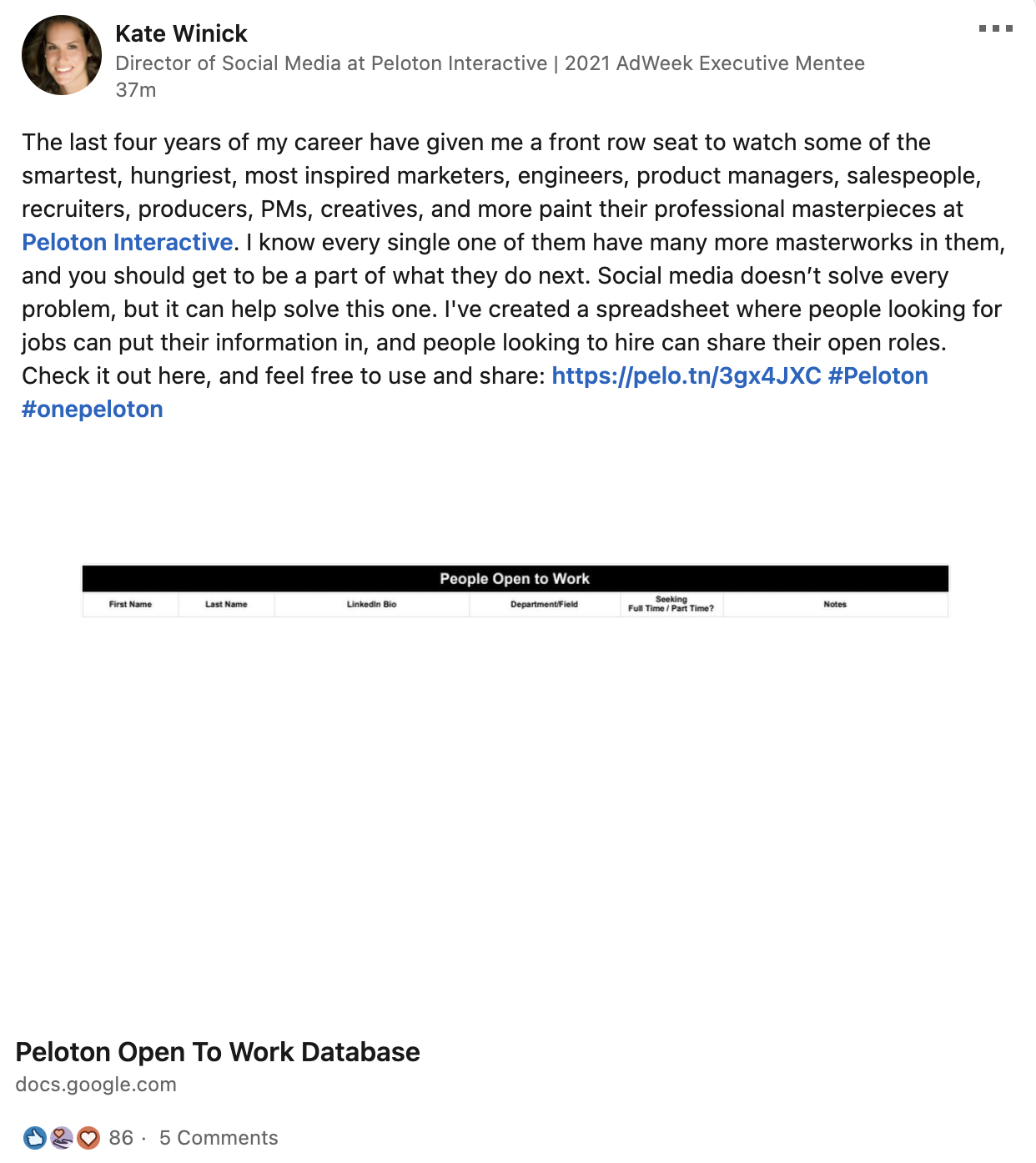 LinkedIn post regarding Peloton's 2,800 fired employees