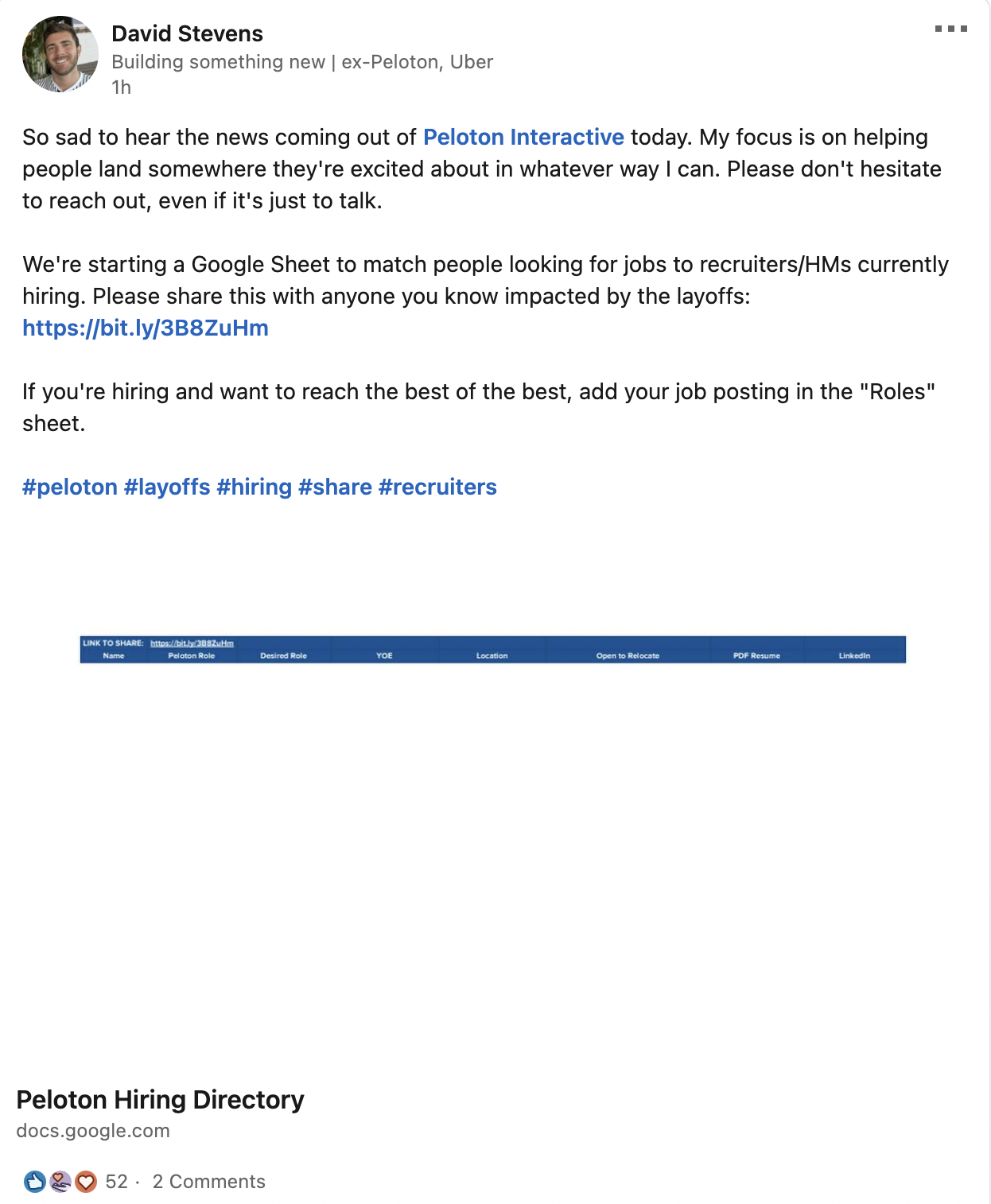 LinkedIn post regarding Peloton's 2,800 fired employees