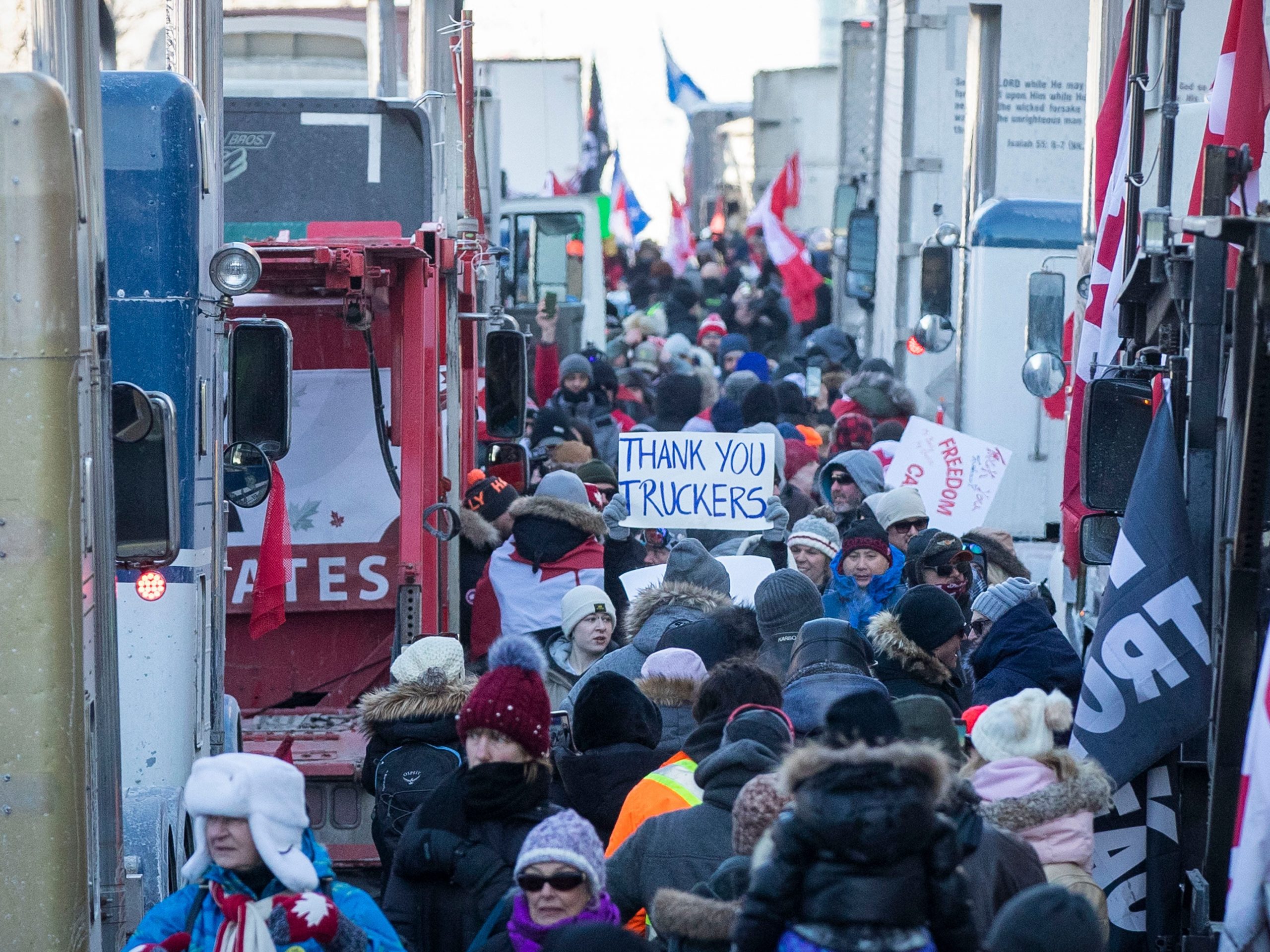 Supporters arrive at Parliament Hill for the Freedom Truck Convoy to protest against Covid-19 vaccine mandates and restrictions in Ottawa, Canada, on January 29, 2022