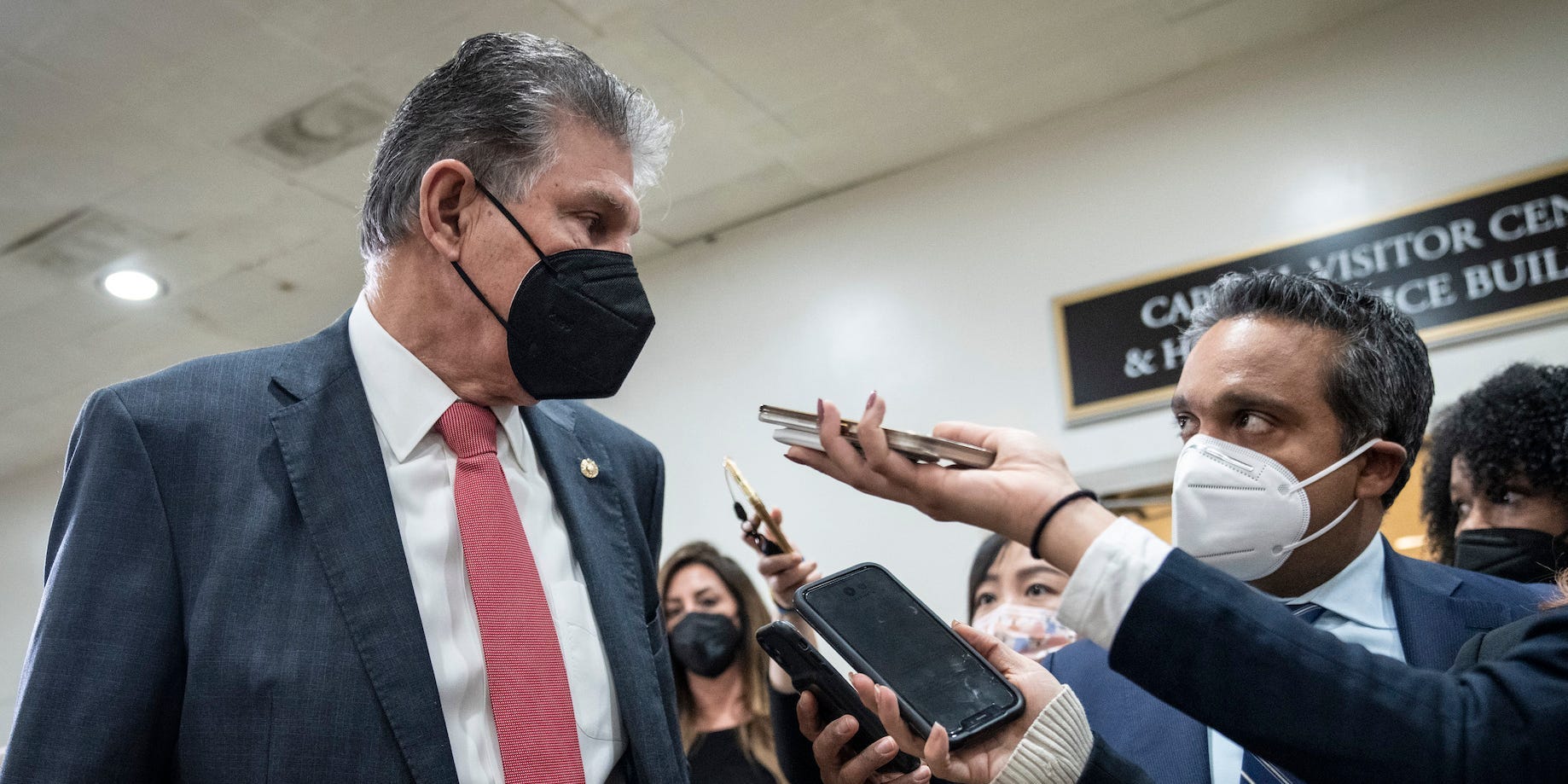 Sen. Joe Manchin (D-WV) speaks to reporters after a closed door briefing with Senators at the U.S. Capitol Building February 03, 2022 in Washington, DC.