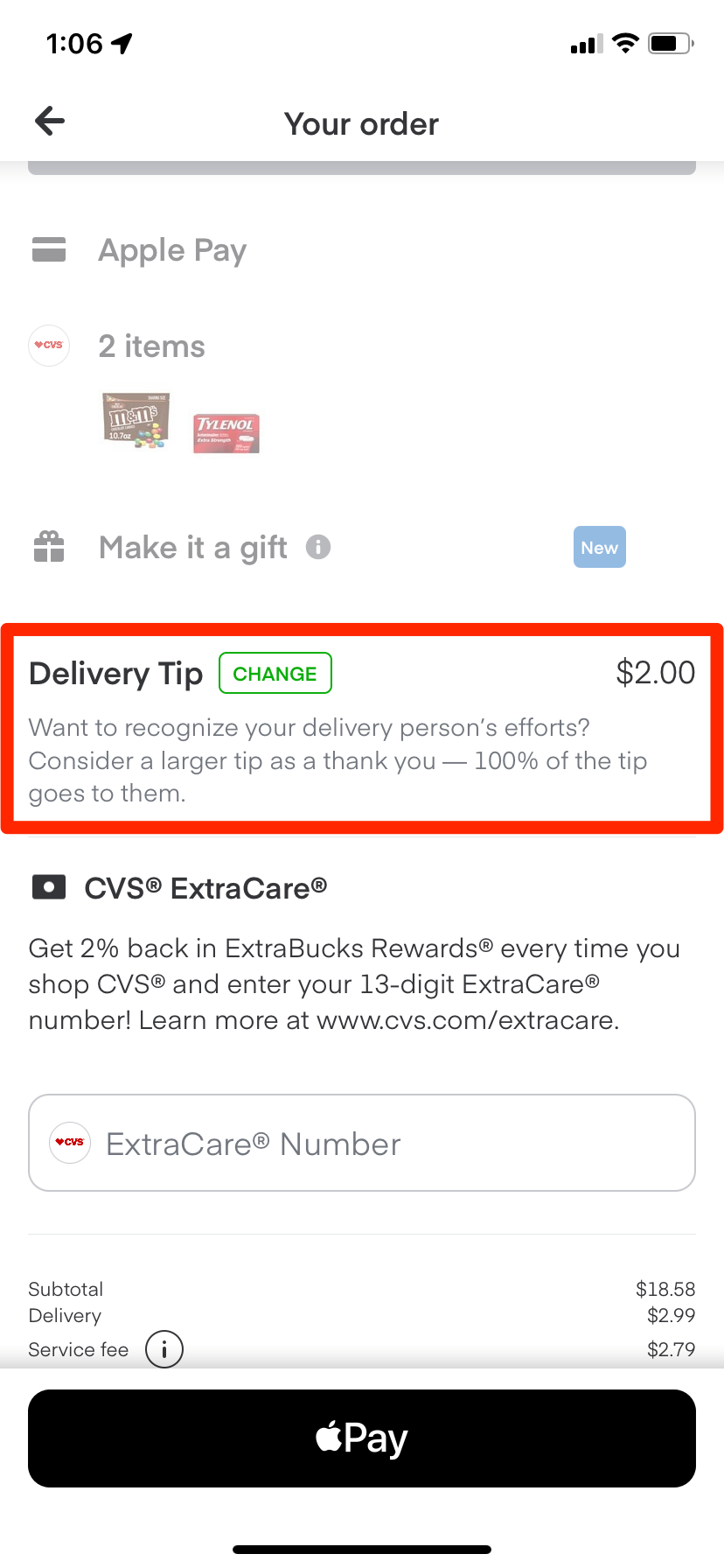 The Delivery Tip option in the Instacart app.