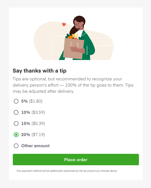 The tipping menu on Instacart's website.