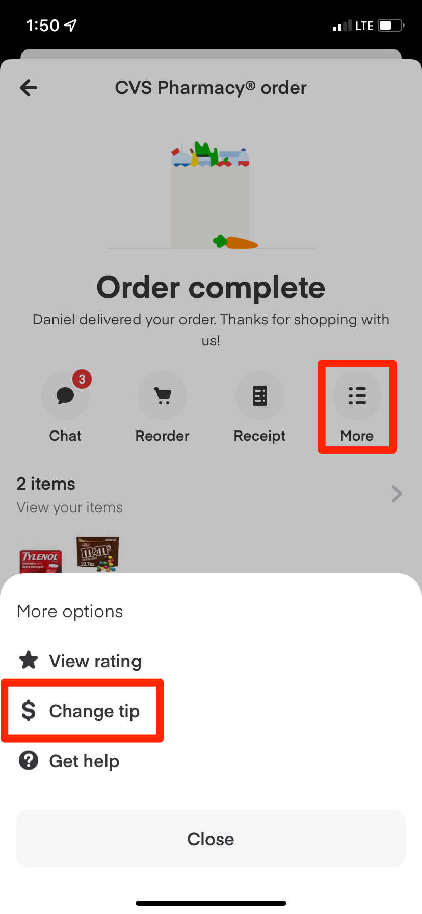 The menu that lets you change your order tip on Instacart.