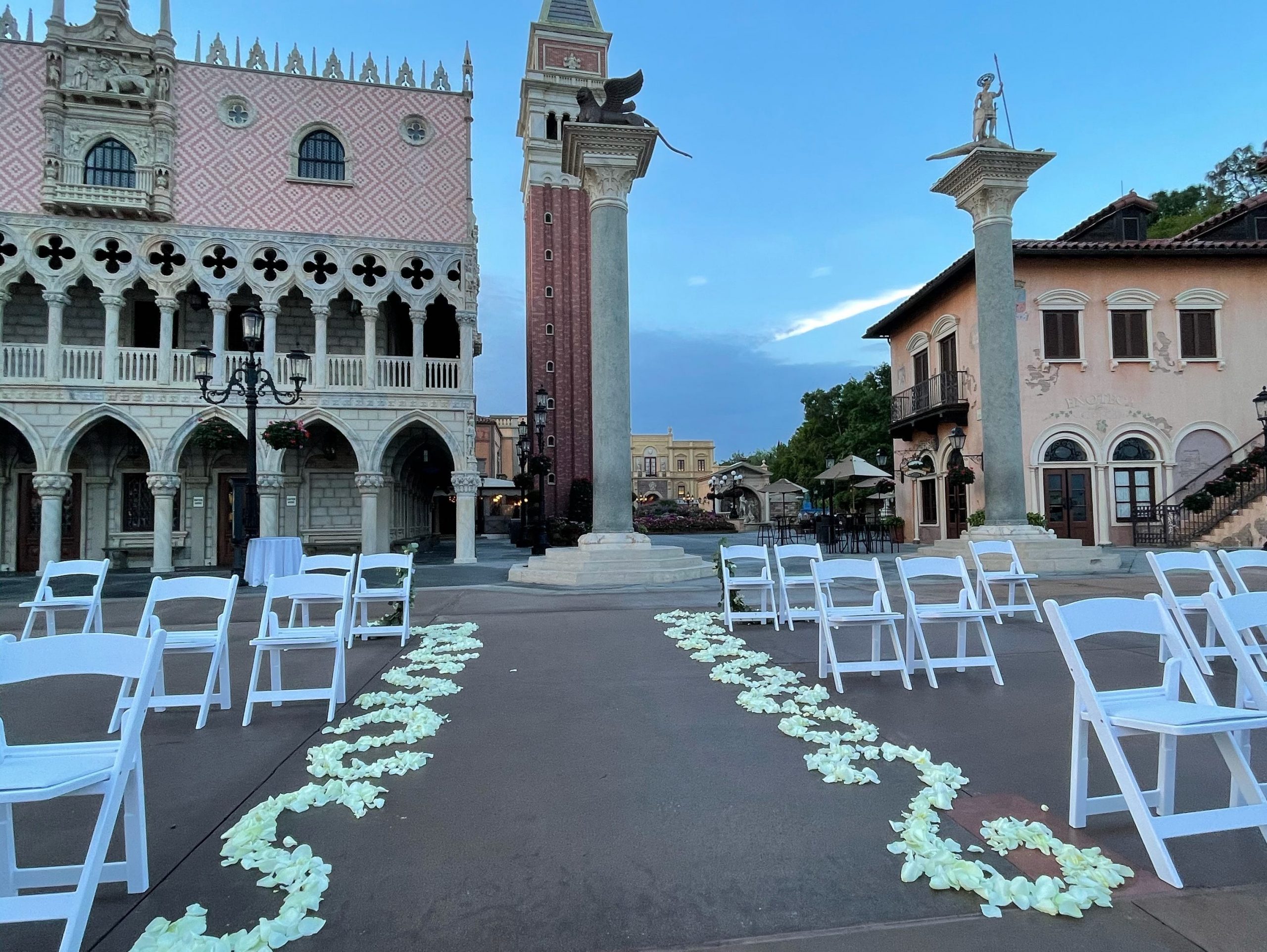 Mystee Disney wedding set up at the italian pavilion at epcot